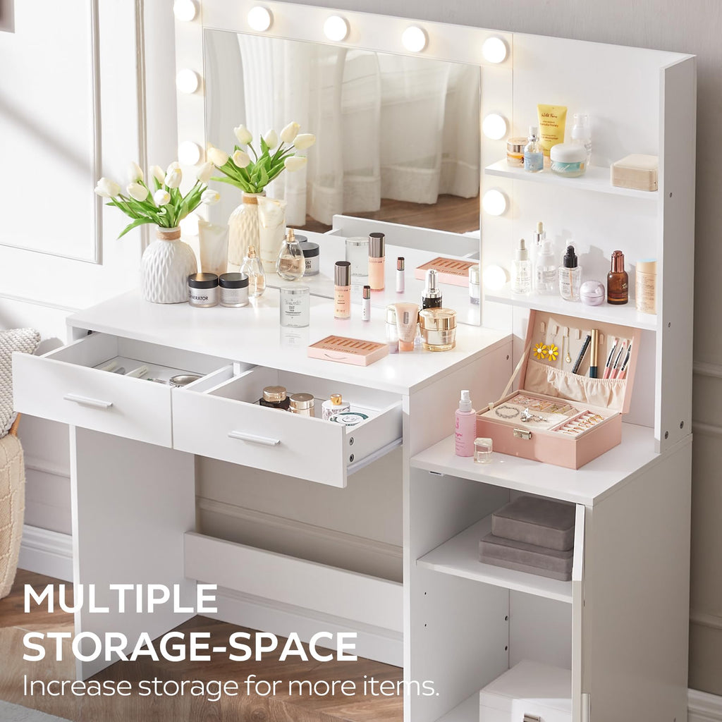 Vanity Desk with Mirror and LED Light Strip,Dressing Table with Large Drawer, 3 Level Storage Dresser & 3 Lighting Modes Adjustable Brightness