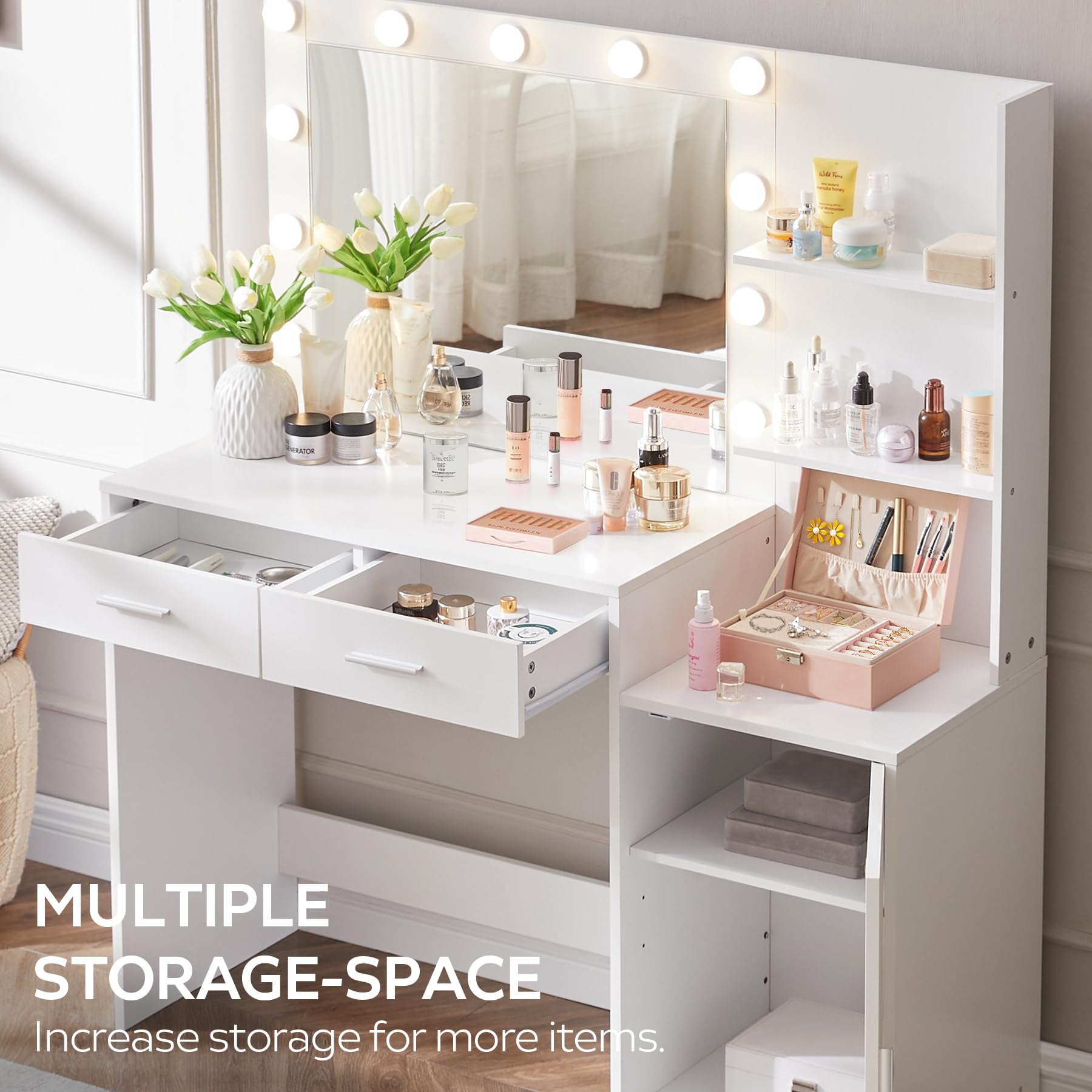 Vanity Desk with Mirror and LED Light Strip,Dressing Table with Large Drawer, 3 Level Storage Dresser & 3 Lighting Modes Adjustable Brightness