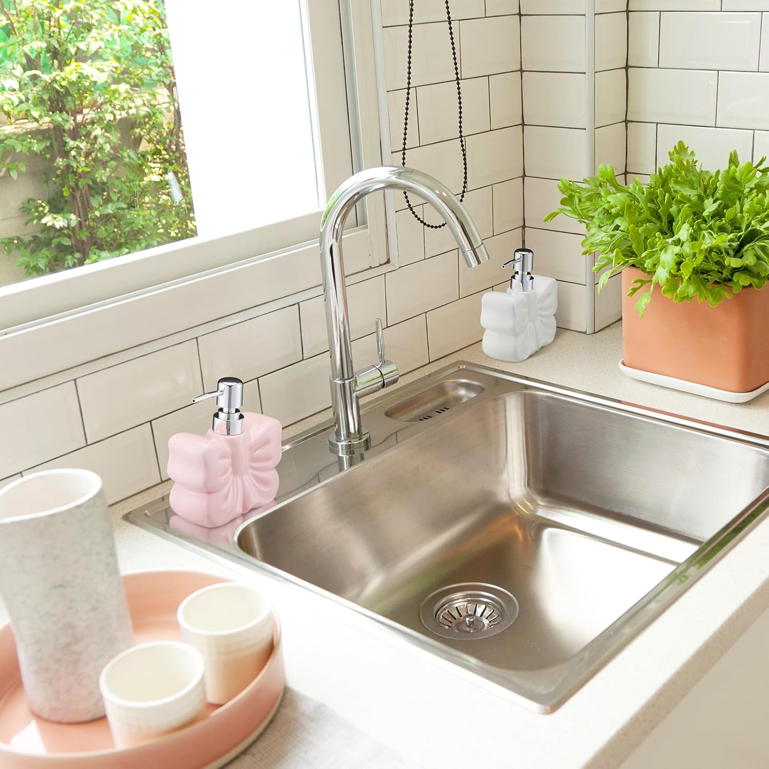 Ceramic Bow Shape Soap Dispensers Cute White and Pink - Coquette Bow Hand Sanitizer Bottle 12 oz Hand Soap Dispenser with Pump Bathroom Lotion Dispenser for Bathroom Kitchen Countertop 2 Pack