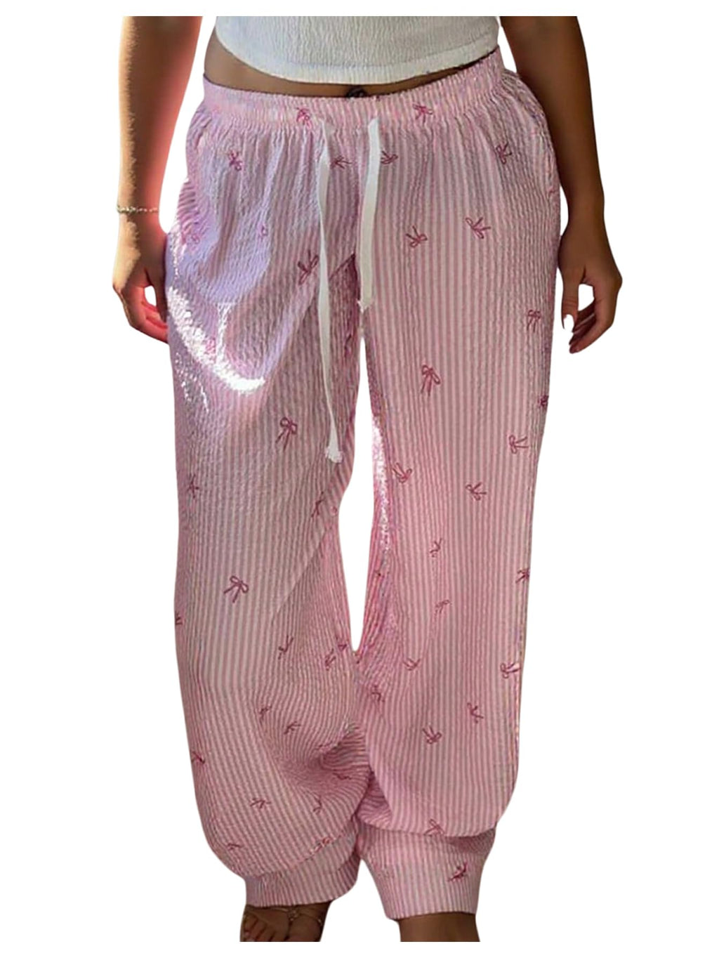 Women's Plus Size Striped Bow Print Pants Drawstring Waist Wide Leg Pants