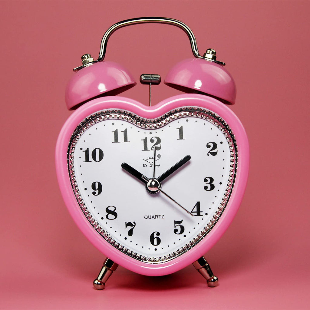 Cute Heart Shapes Twin Bell Loud Alarm Clock Silent Analog Quartz Nightlight Tableclock Battery Operated for Kids, Seniors, Heavy Sleepers, Decorations for Bedroom, Living Room 3 Inches
