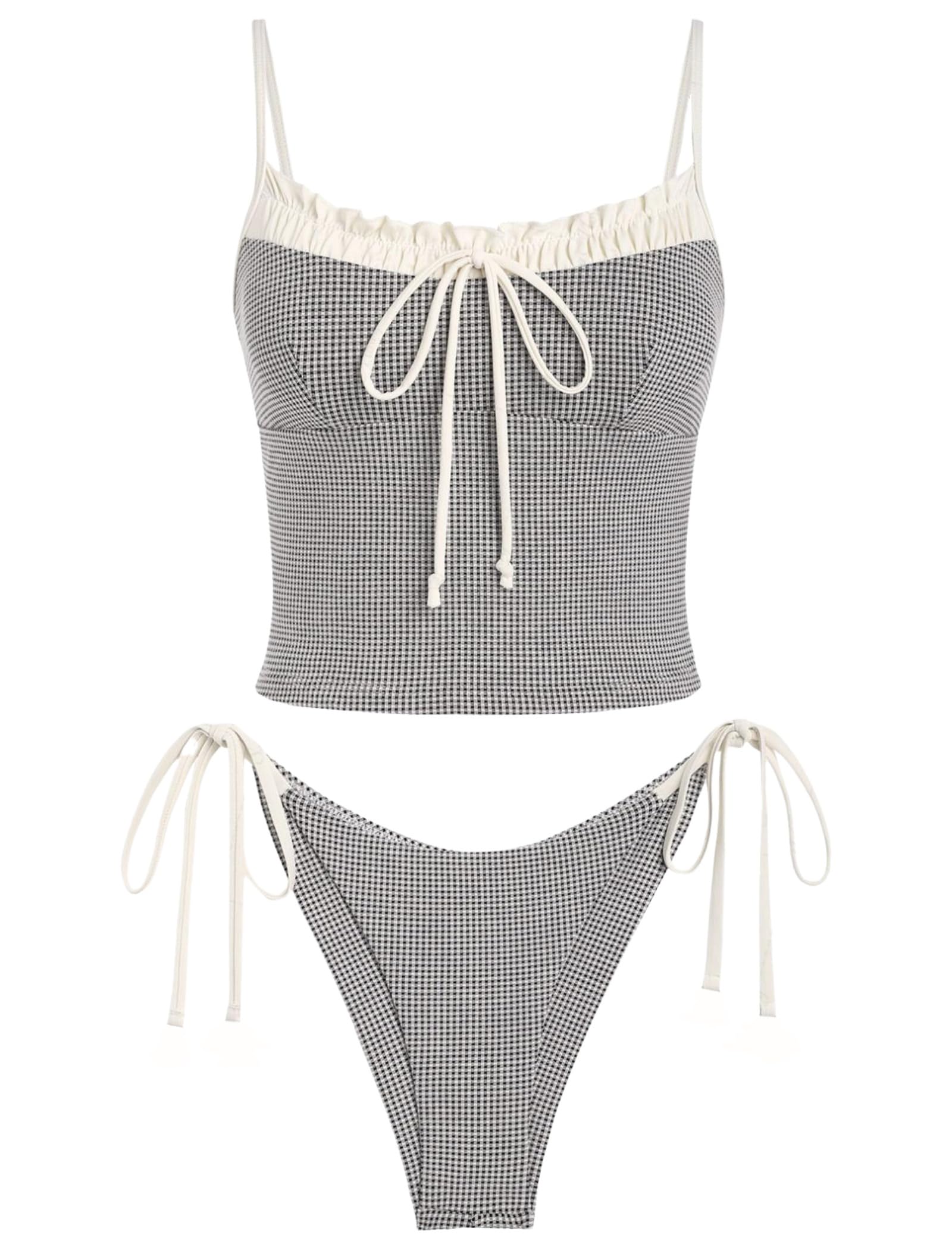 Tankini Swimsuits for Women Tie Front Tummy Control Spliced Ruffles Bikini Sets Two Piece Bathing Suits