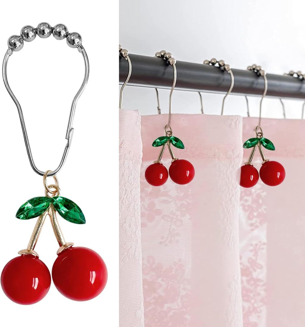 Cherry Bathroom Decor Curtain Hooks Rings for Bathroom Shower Rod (12pcs) - Rust Proof Metal Stainless Steel Curtain Ring Red Cherry Pendant Decoration