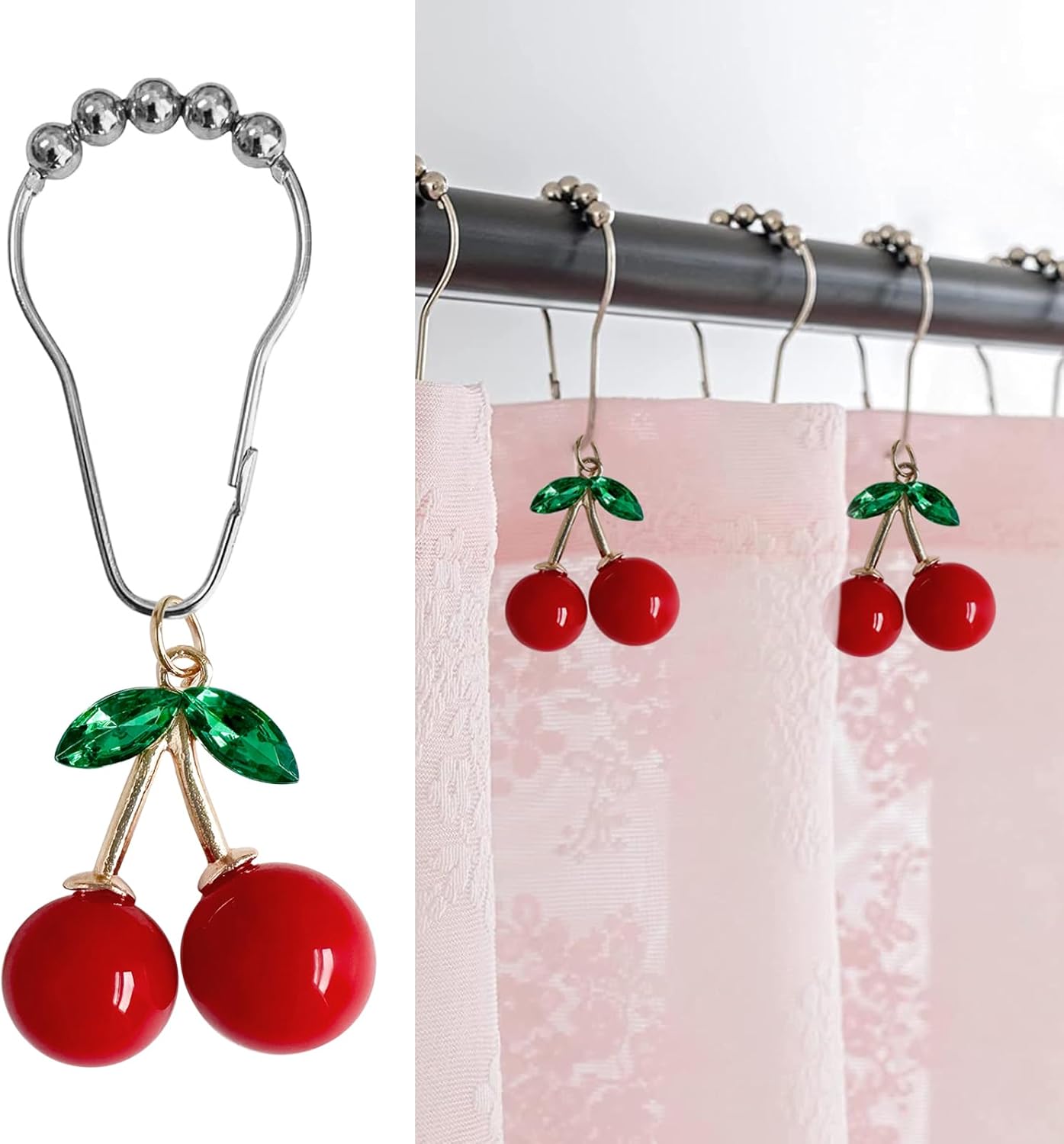 Cherry Bathroom Decor Curtain Hooks Rings for Bathroom Shower Rod (12pcs) - Rust Proof Metal Stainless Steel Curtain Ring Red Cherry Pendant Decoration