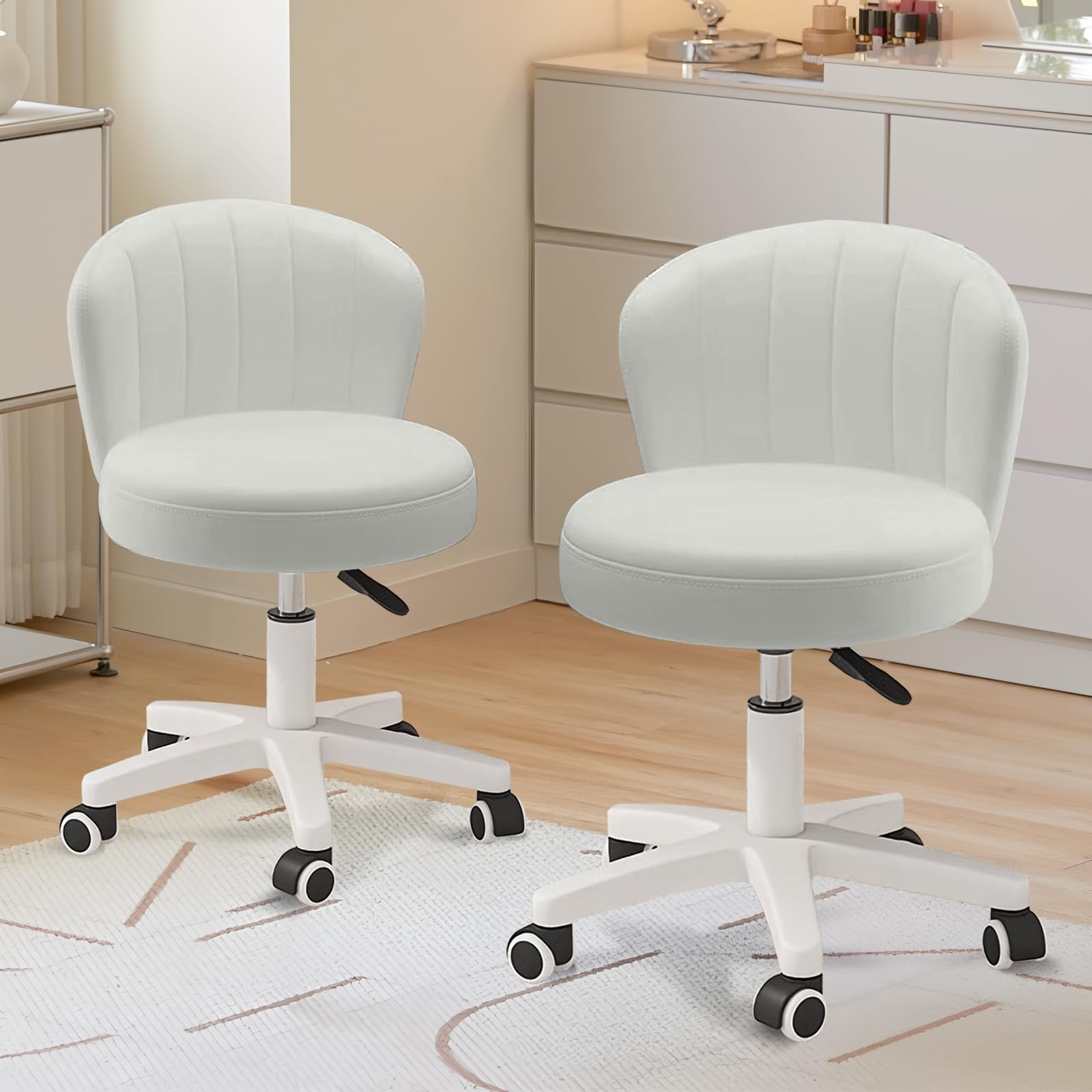 Small Desk Chair Round Rolling Chair with Back PU Leather Height Adjustable Swivel Vanity Work Computer Stool Chair