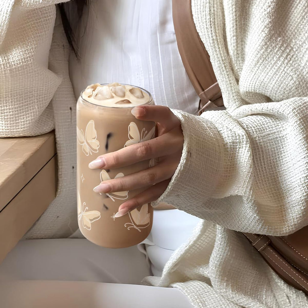 Glass Cup with Lid & Straw, Iced Coffee Aesthetic Glass Can, 16oz