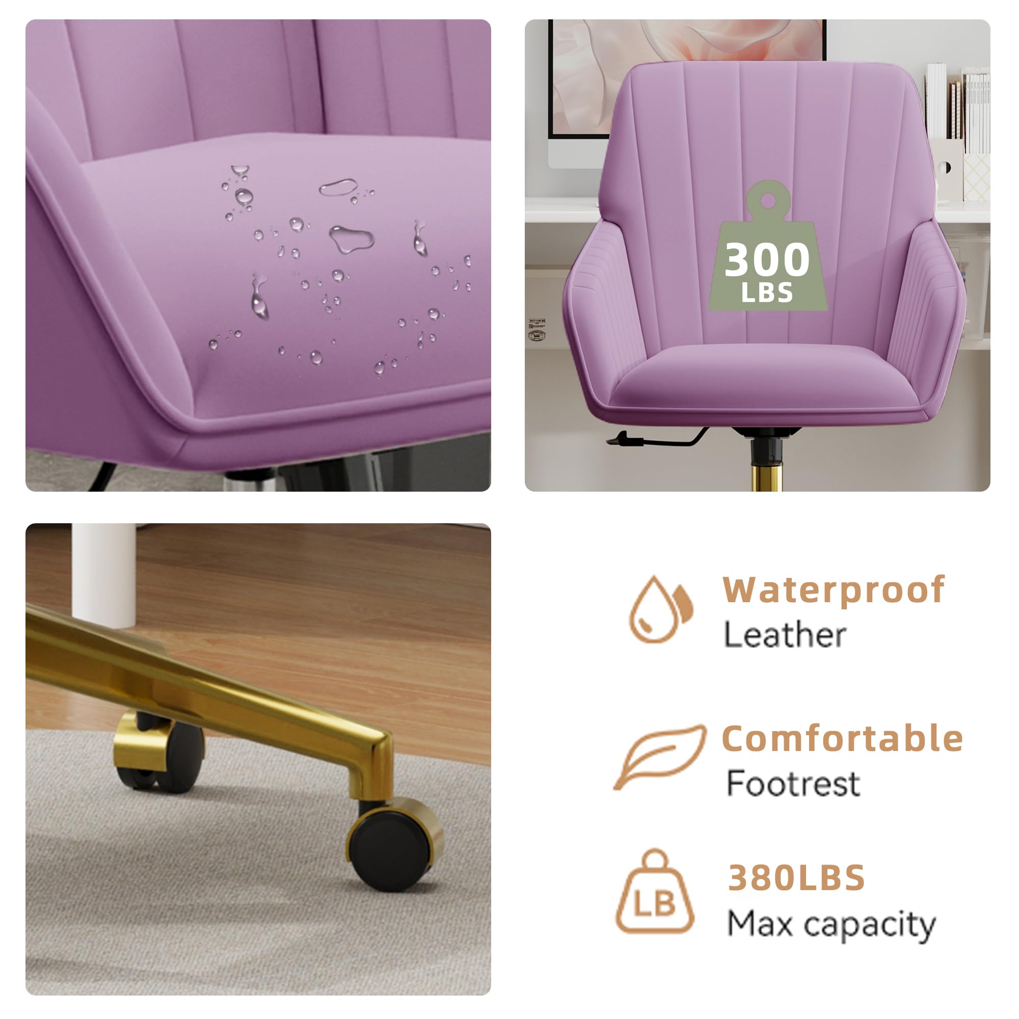 Velvet Modern Cute Chair with Back, Height Adjustable Upholstered Vanity Chair with Swivel Wheels