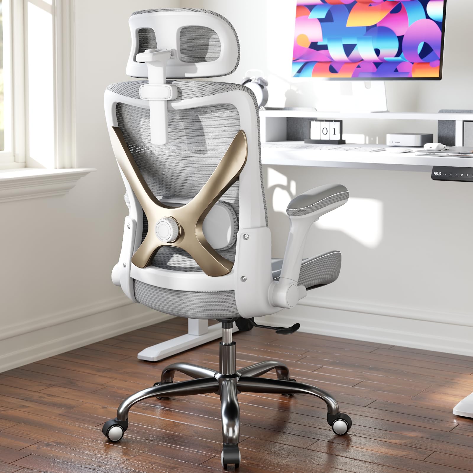 Ergonomic Desk Chair-Computer X-Shaped Chair Mesh PU Leather with Adjustable Lumbar Support-Executive Chair High Back with Headrest Flip-Up Arms for Long Hours