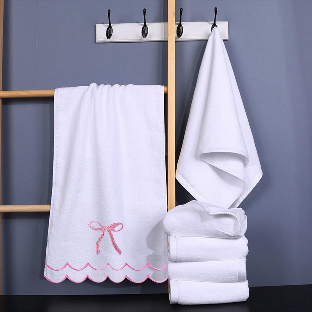 Cute 4 Set Coquette Bow Bath Towels Set 2 Bath Towels 2 Hand Towels Soft Embroidered Preppy Decorative Scalloped Towels for Bathroom