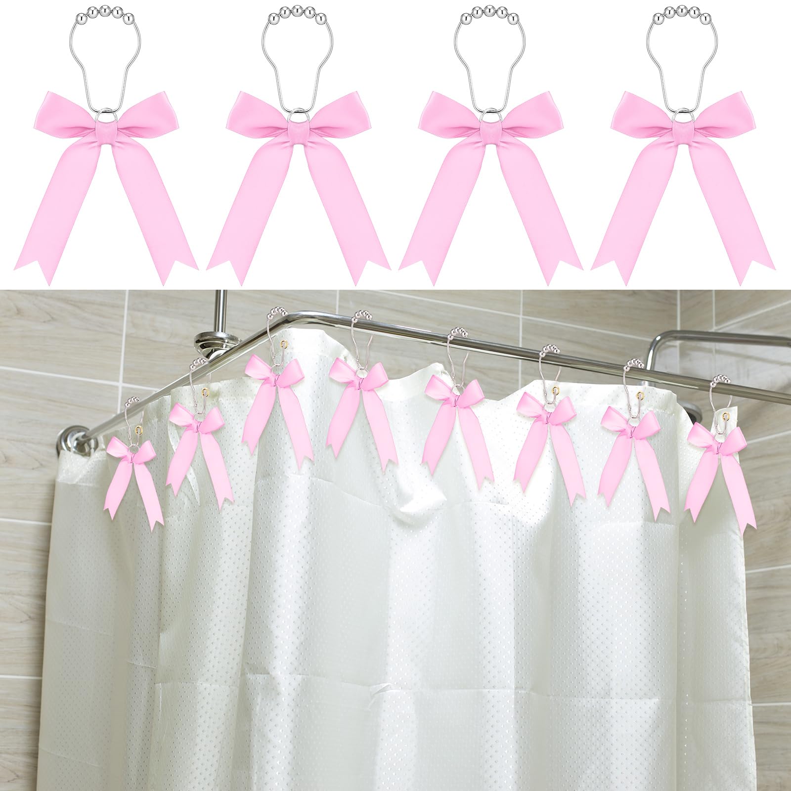 Cute Bow Knot Ribbon Curtain Hooks Decorative Shower Rings Hanger Bathroom Decor Bathroom Accessories 12 Pcs