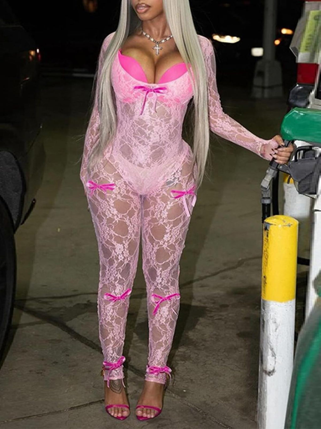 Sexy Sheer Outfits for Women Lace Long Sleeve U Neck Bodycon Jumpsuit Streetwear Rompers