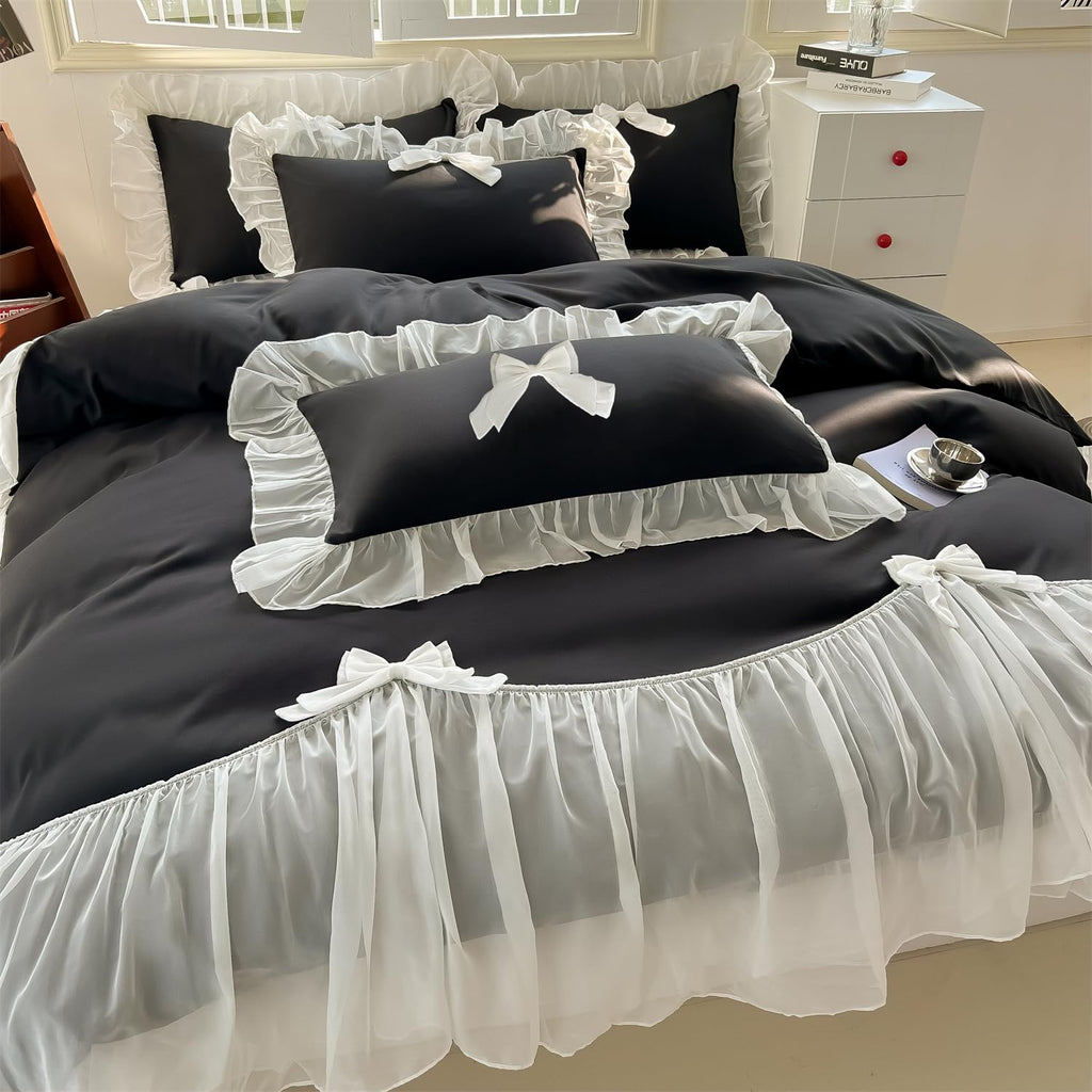 Girls Lace Bedding,Queen Comforter Cover Set, Chic Ruffled Duvet Cover with Lovely Bow,Princess Style 1 Duvet Cover with 2 Pillowcases, No Comforter-Hot Pink,Full Size