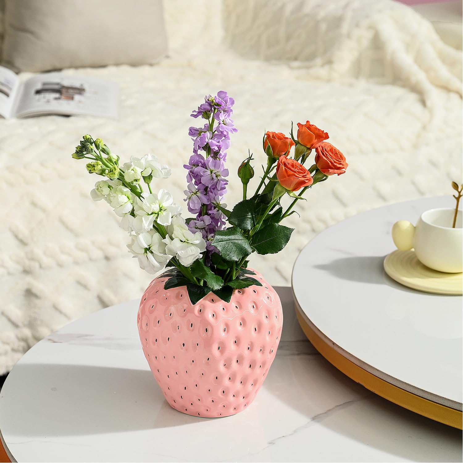 Strawberry Vase for Flowers, Dusty Pink Ceramic Fruit Vase, Strawberry Shaped Planter Pot with Green Leaves and Black Seeds Decor