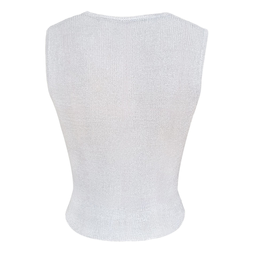 Women Sexy Fishnet Knit Glittering Crop Tank Top Sheer Mesh Sleeveless Crewneck Solid Slim Cropped Tops