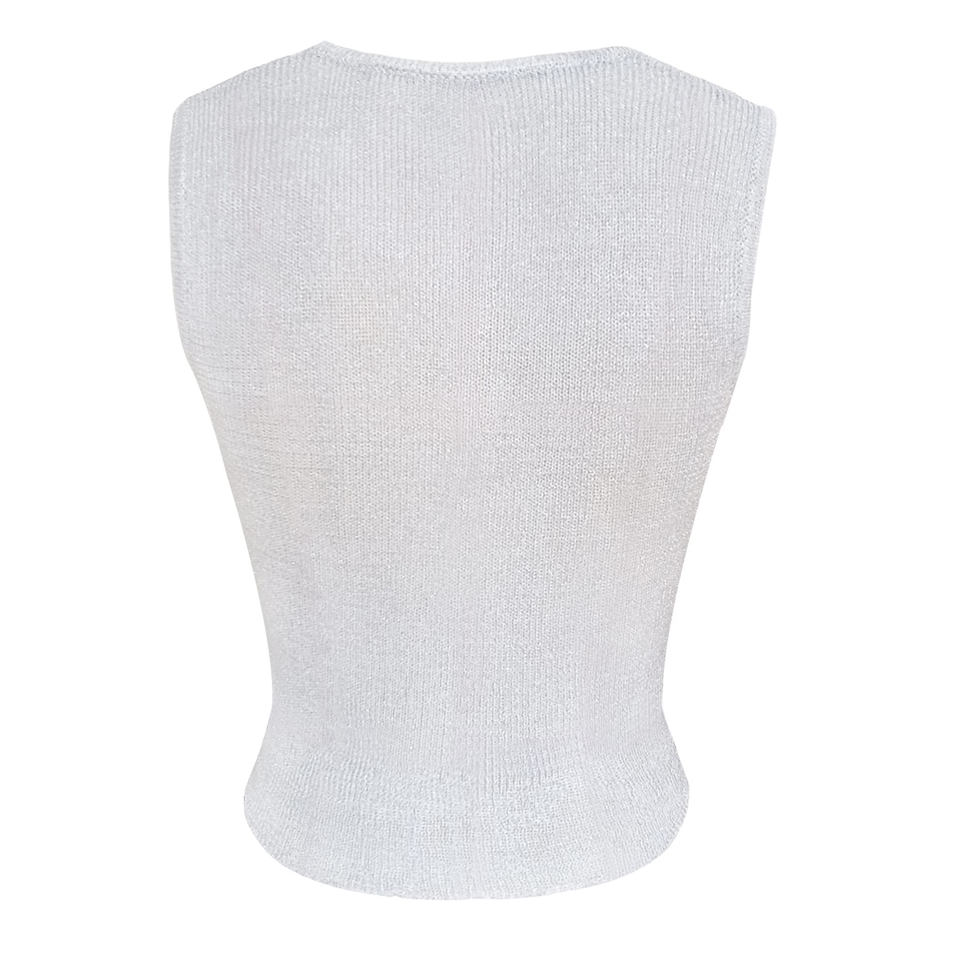 Women Sexy Fishnet Knit Glittering Crop Tank Top Sheer Mesh Sleeveless Crewneck Solid Slim Cropped Tops