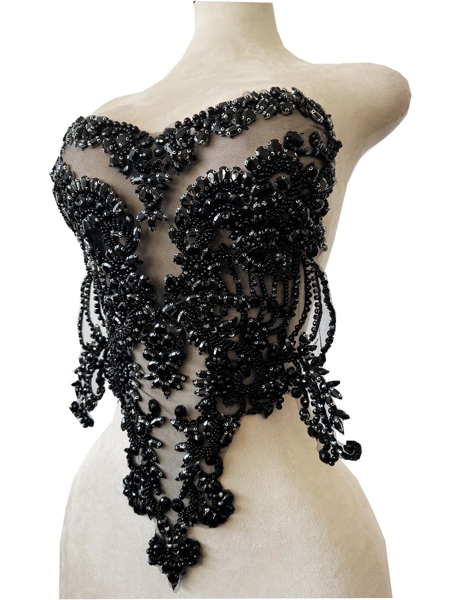 Handmade red/Blue/Gold/Green Rhinestones lace Bodice Applique Sewing Beads Crystal Trim Patches Accessory for Dress Clothes (Rose red)