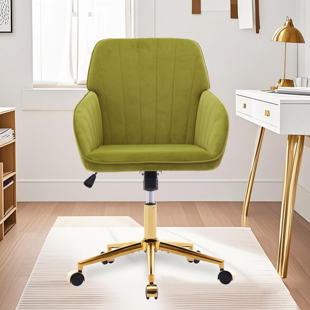 Modern Vanity Velvet Adjustable Low Back Rolling Chair, Twill Upholstered Cute Chair with Wheels