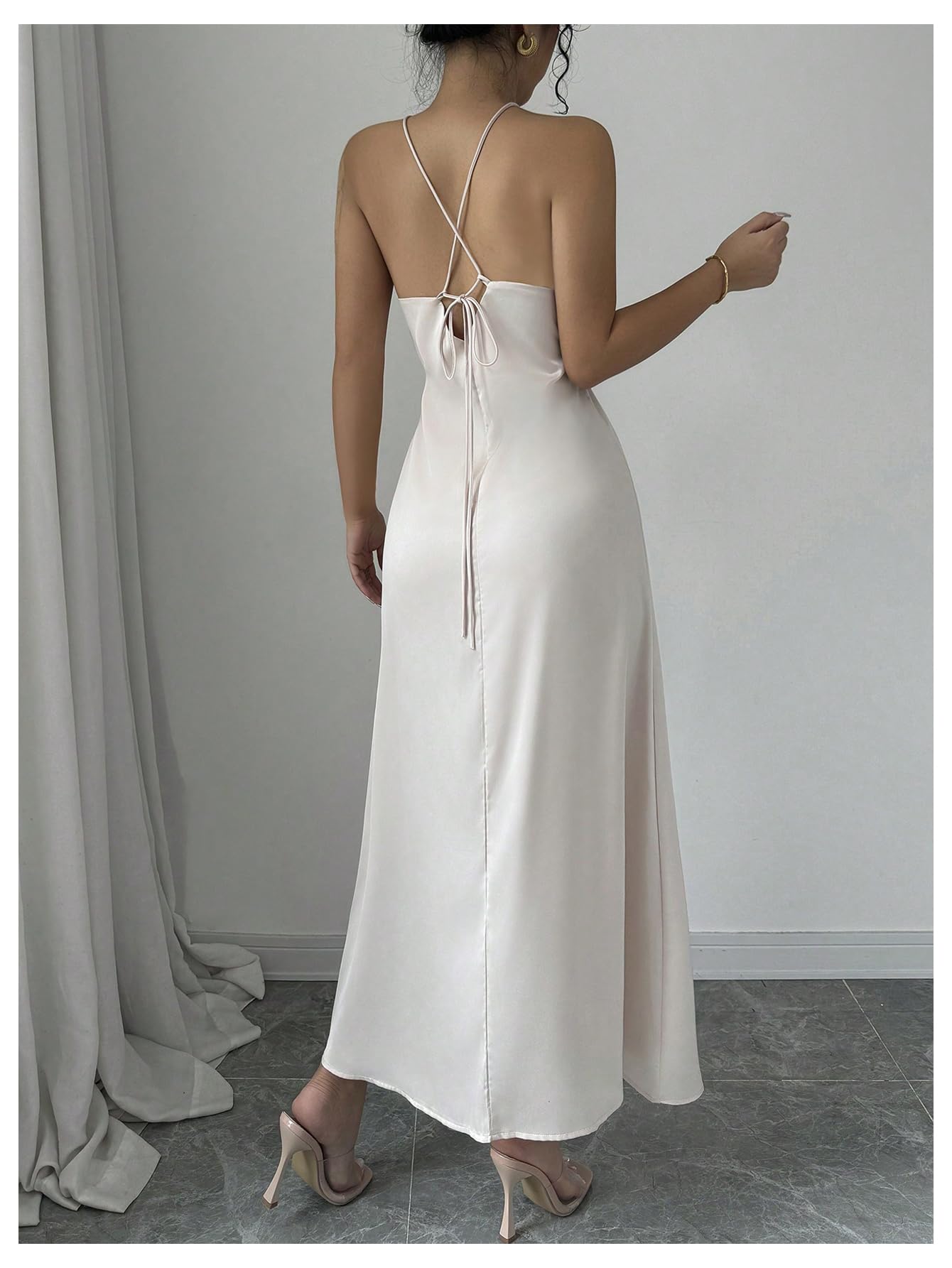 Women's 3D Floral Halter Dress Criss Cross Backless Sleeveless Maxi Dresses