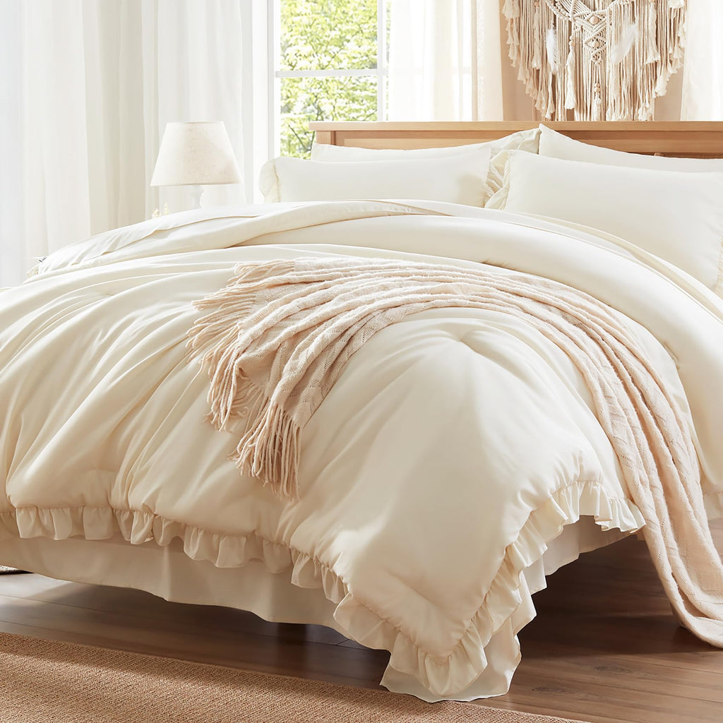 Comforter Set 7 Piece, Bed in a Bag with Sheets, All Season Ruffle Shabby Chic Bedding Sets with 1 Comforter, 2 Pillow Shams, 2 Pillowcases, 1 Flat Sheet, 1 Fitted Sheet