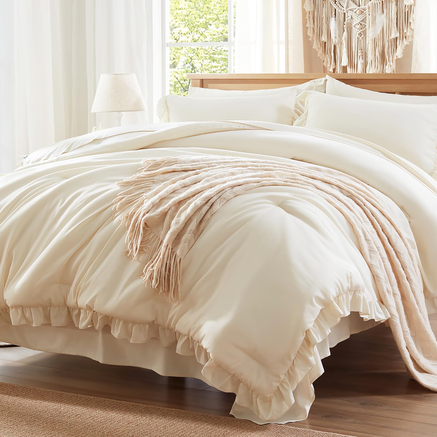 Comforter Set 7 Piece, Bed in a Bag with Sheets, All Season Ruffle Shabby Chic Bedding Sets with 1 Comforter, 2 Pillow Shams, 2 Pillowcases, 1 Flat Sheet, 1 Fitted Sheet