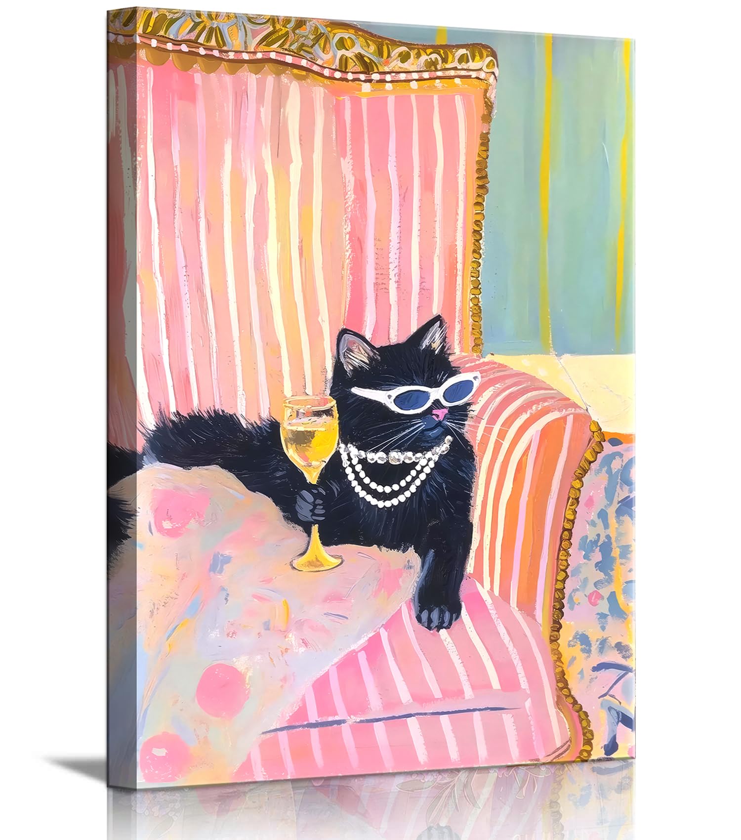 Pink Black Cat With Martini Canvas Wall Art Pink Dopamine Bar Cart Wall Decor Eclectic Coquette Aesthetic Poster Print