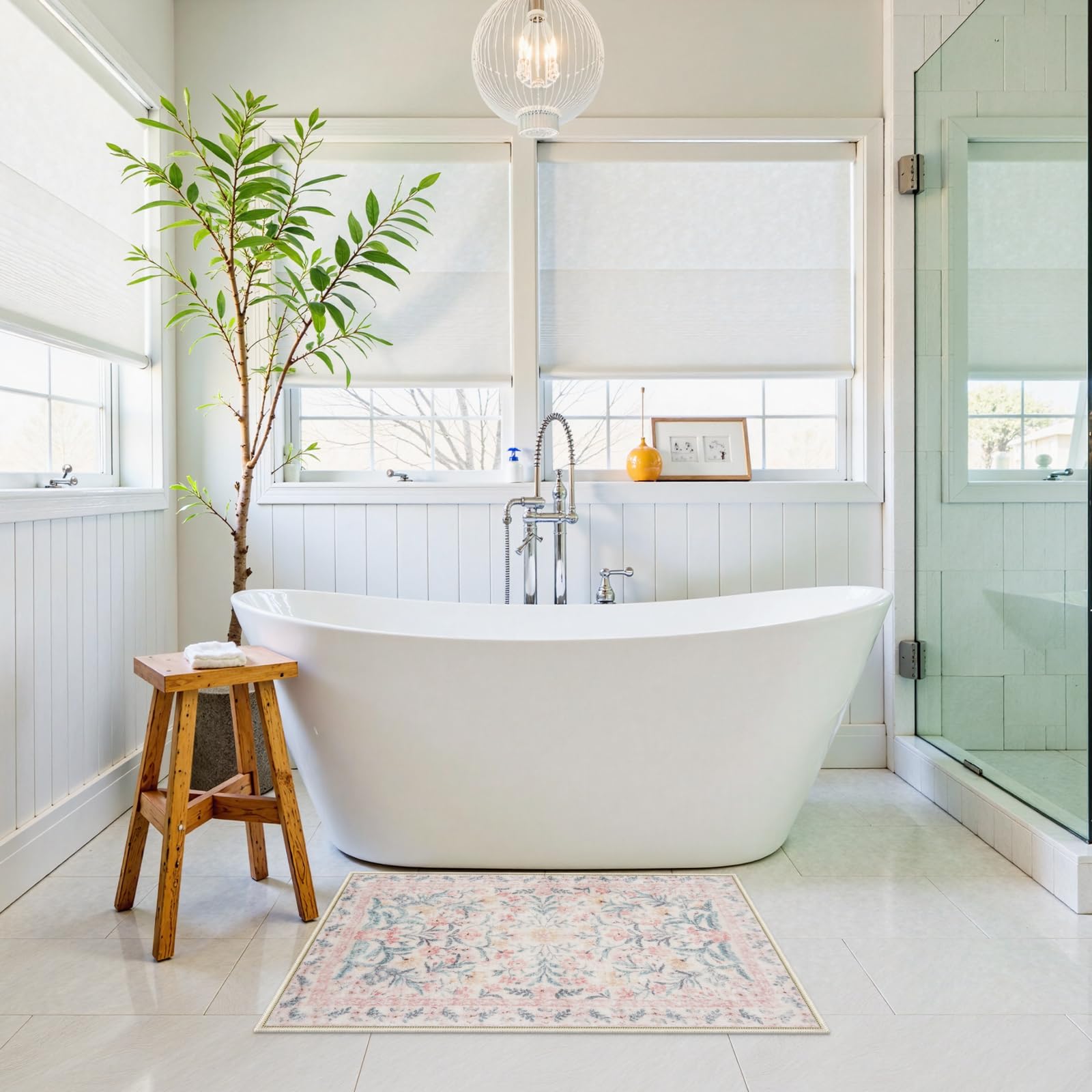 New Boho Floral Bath Rugs, Non Slip Washable Bathroom Rugs Fit Under Door, Ultra Soft and Absorbent Bath Mat