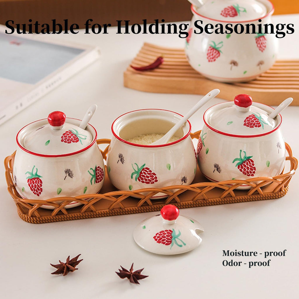 Red Strawberry Ceramic Condiment Jars with Lids and Spoons, 3 Piece Porcelain Seasoning Jar Set Container Pot with Serving Tray