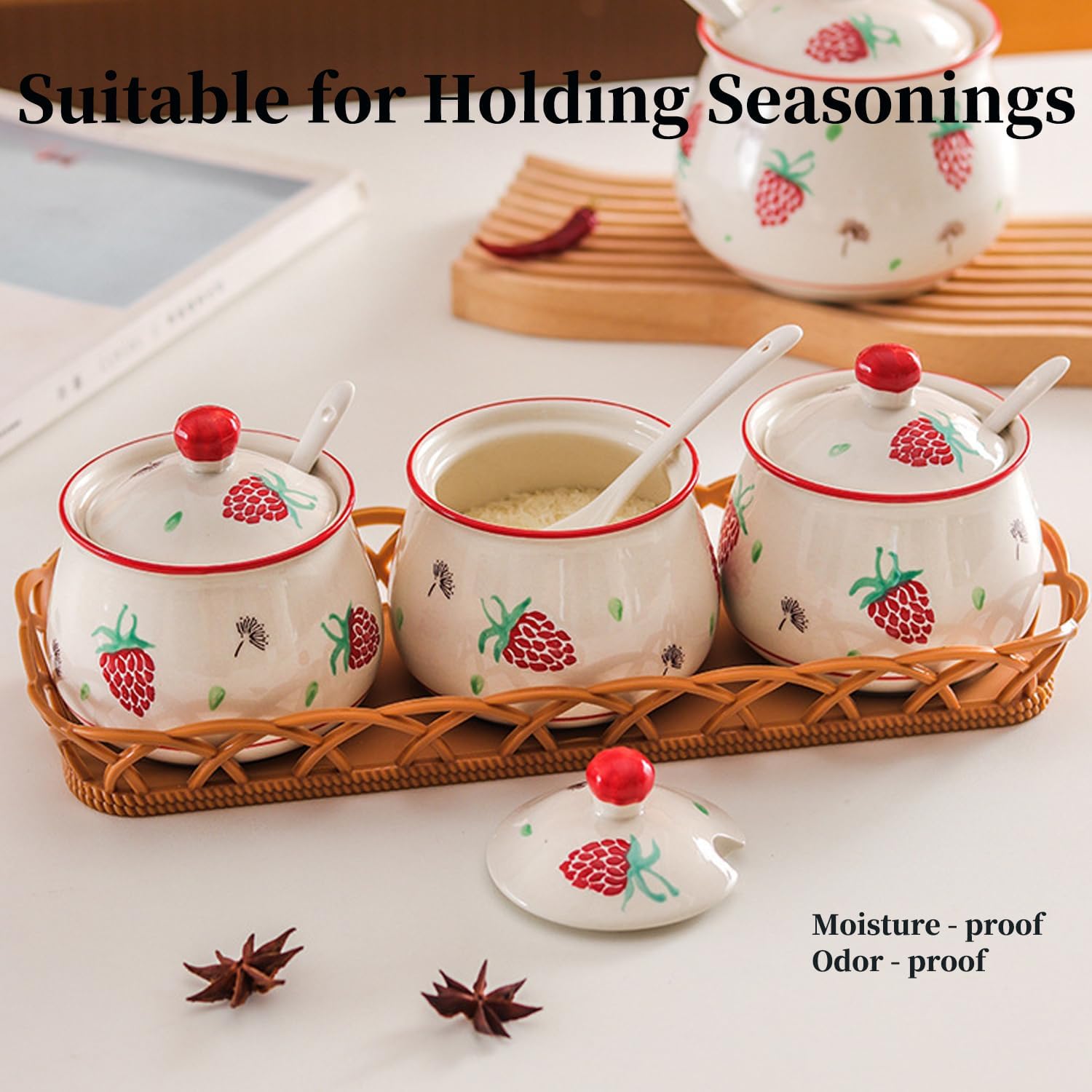 Red Strawberry Ceramic Condiment Jars with Lids and Spoons, 3 Piece Porcelain Seasoning Jar Set Container Pot with Serving Tray