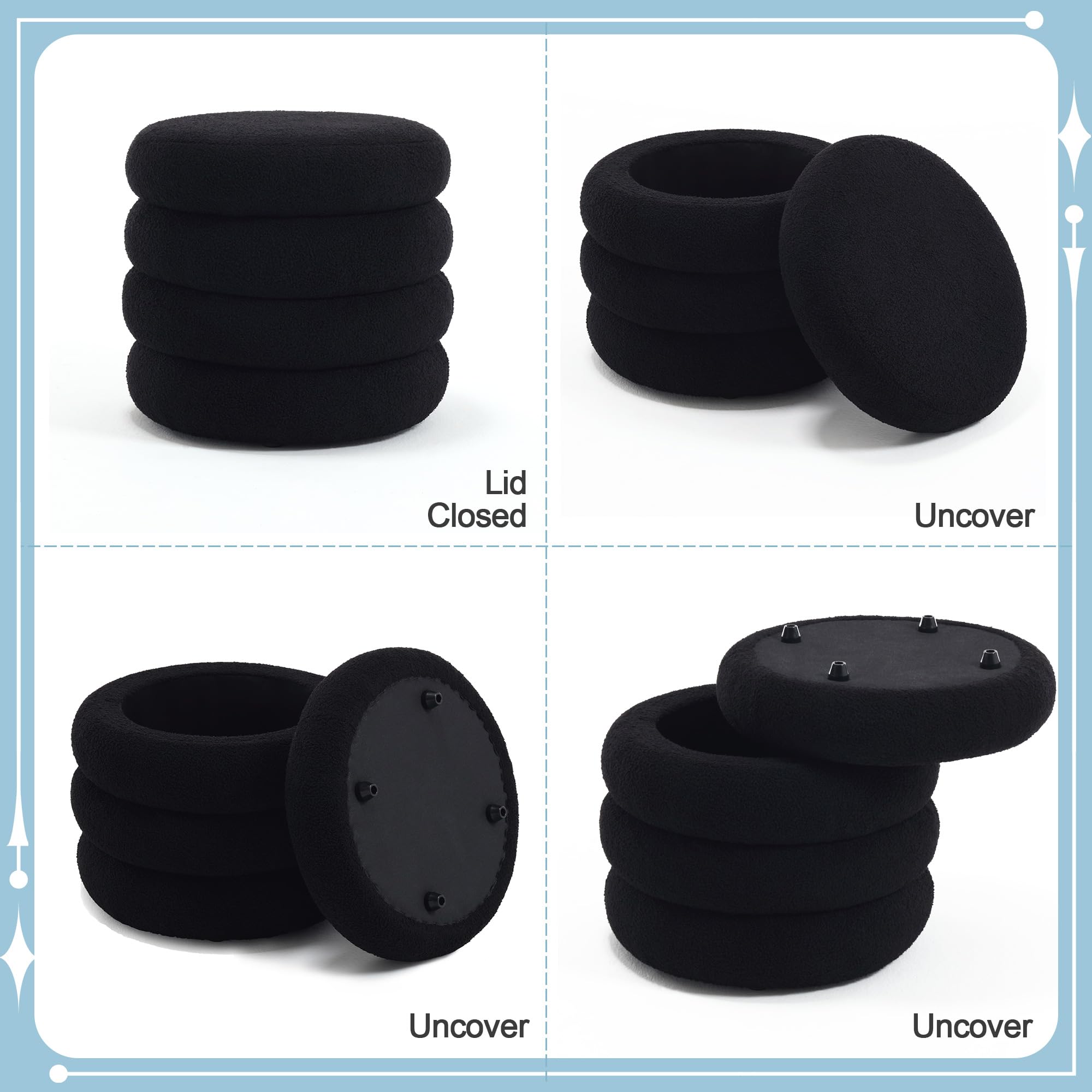 Storage Ottoman Round, Ottoman with Storage, Sherpa Ottoman Storage, (18 Inches x 16 Inches) Set of 2