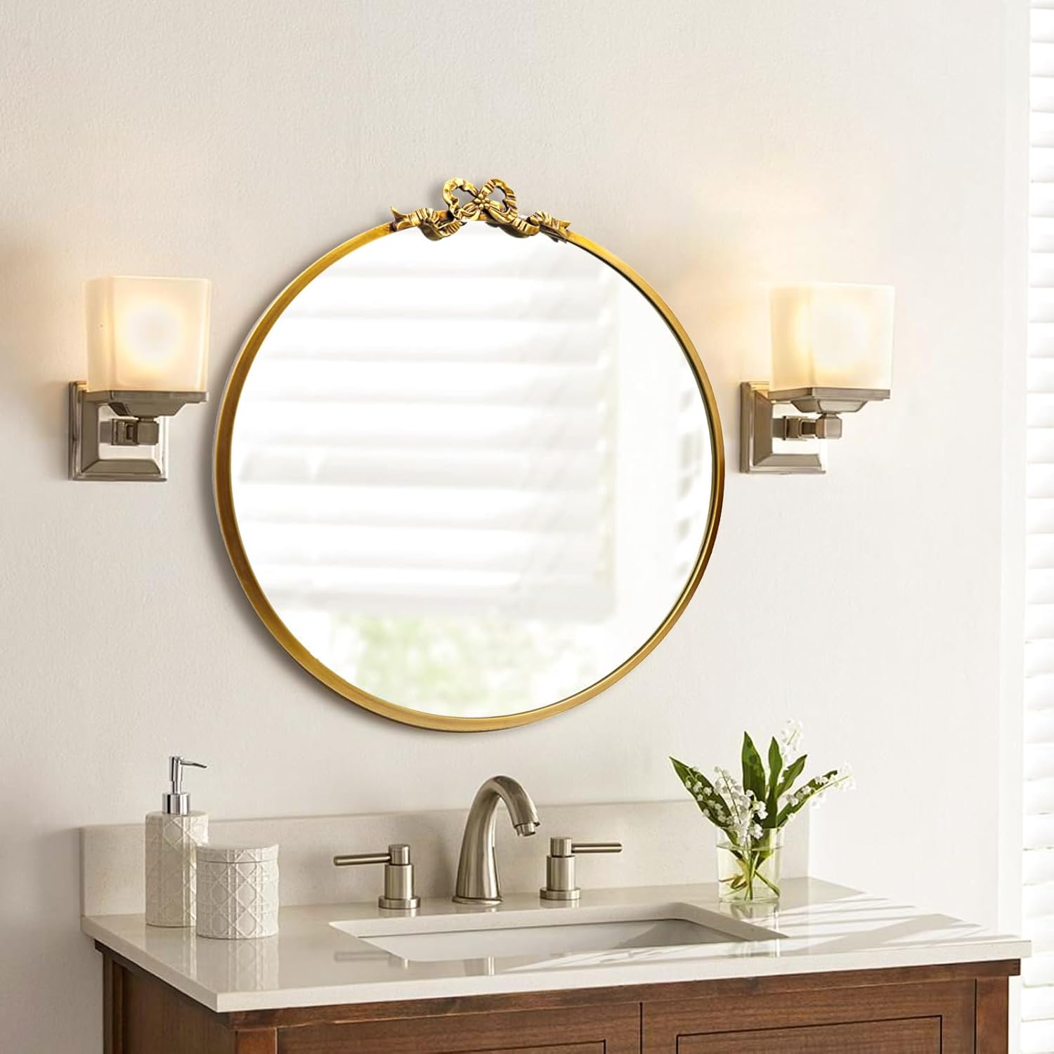 Vintage Round Mirror Gold Bathroom Vanity Mirrors 20inch Antique Metal Ornate Circle Wall Mirror, Baroque Home Decor for Dressing Table,Bedroom,Living Room,Hallway