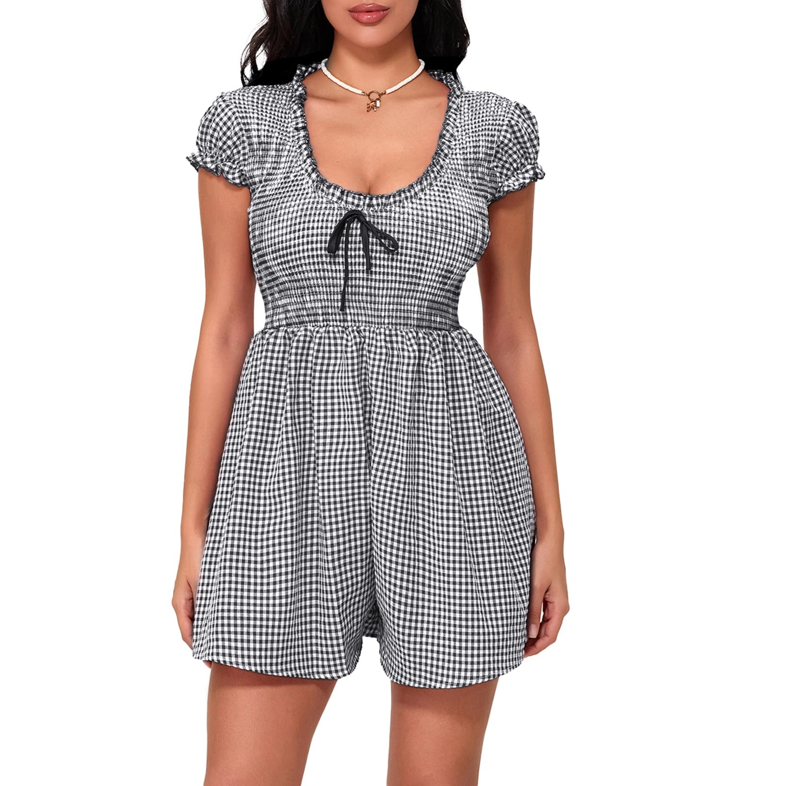Women's Gingham Mini Dress Short Sleeve Bow Deep V Neck Smocked Waist Slim Fit Retro Plaid Dresses Y2k Sundress