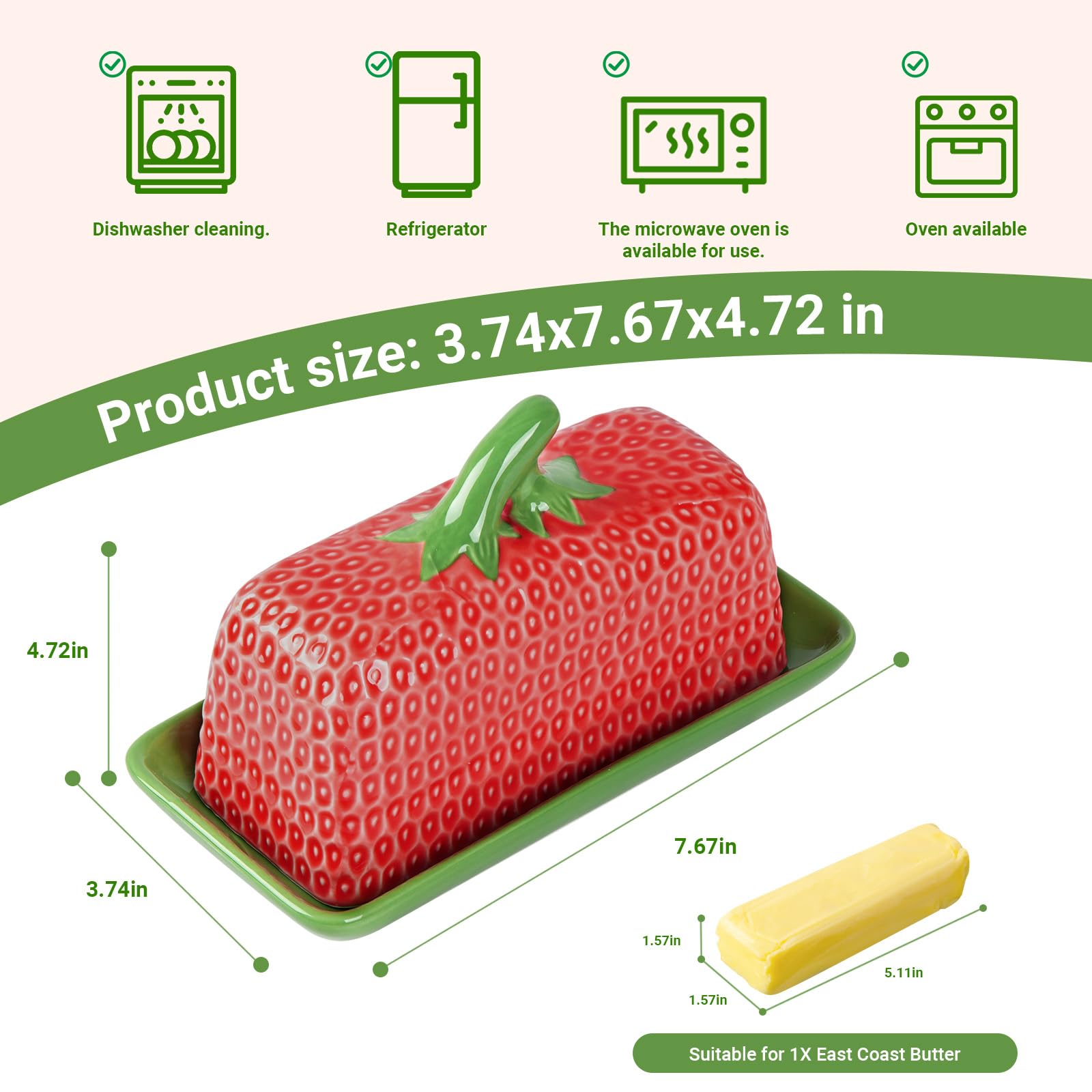 Cute Butter Dish with Lid for Countertop, Ceramic Strawberry Butter Tray