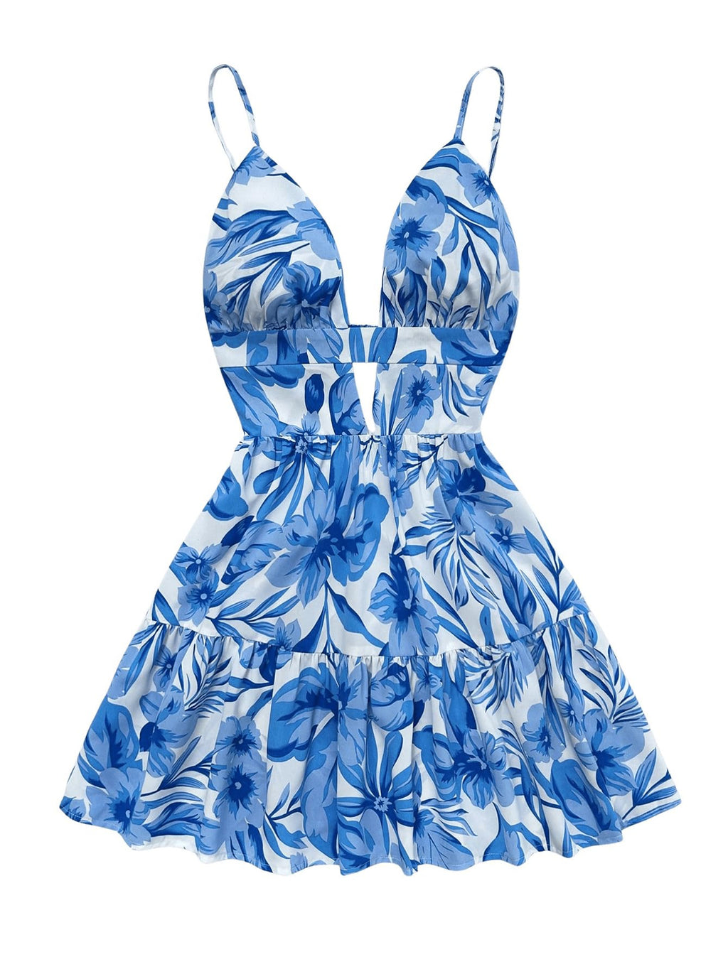 Women's Sleeveless Butterfly Print Cut Out V Neck Tiered Mini Cami Dresses