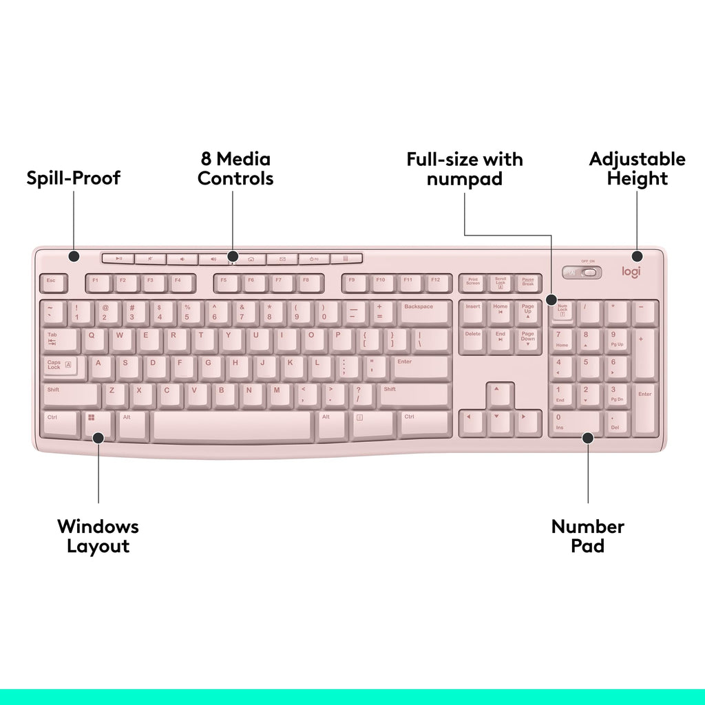 Rose Wireless Keyboard and Mouse Combo â€?2.4 GHz, Compact Mouse, 8 Multimedia Shortcuts, Long-Lasting 2-Year Battery, Compatible with Windows PC & Laptop