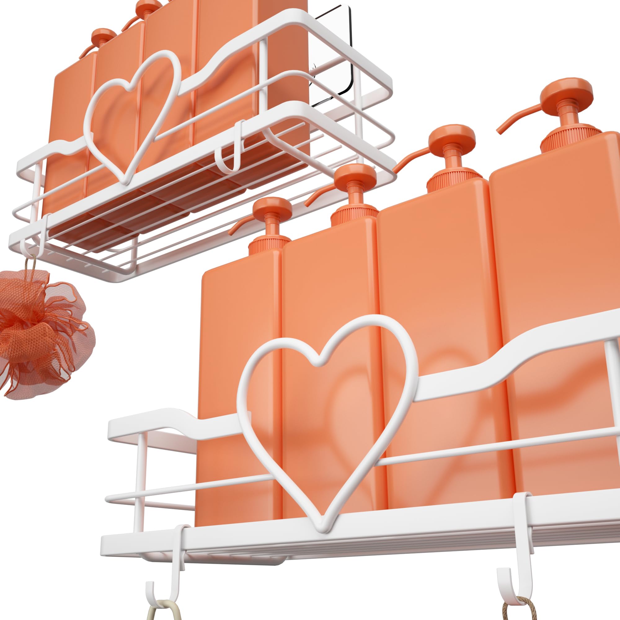 Heart Shower Caddy with 4 Removable Hooks, 2 Pack Sweet Heart Shower Shelves, No Drilling Adhesive Organizer Shelf