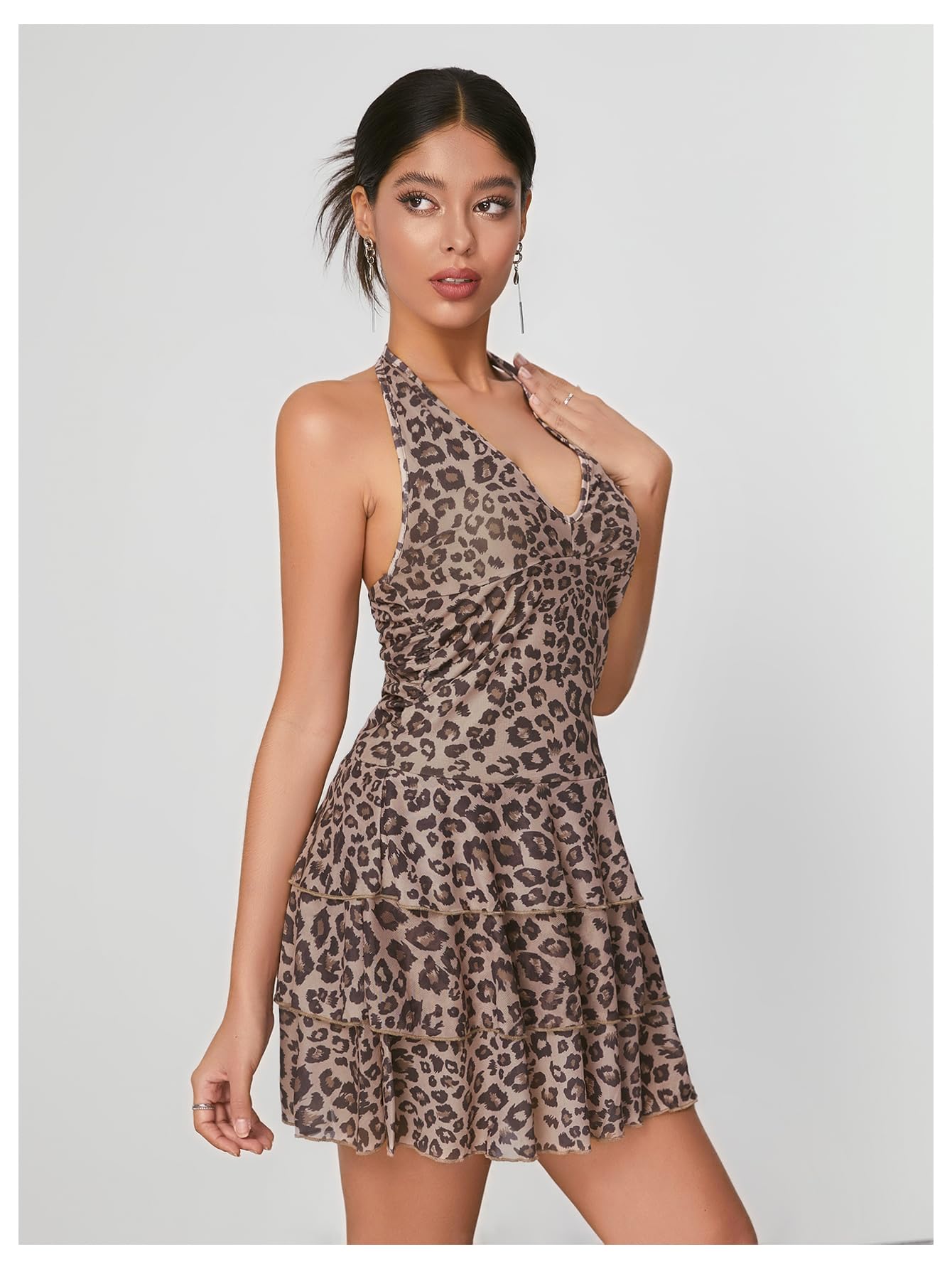 Women's Y2k Leopard Print Halter Dress Mesh Layered Ruffle Hem Animal Cheetah Dresses