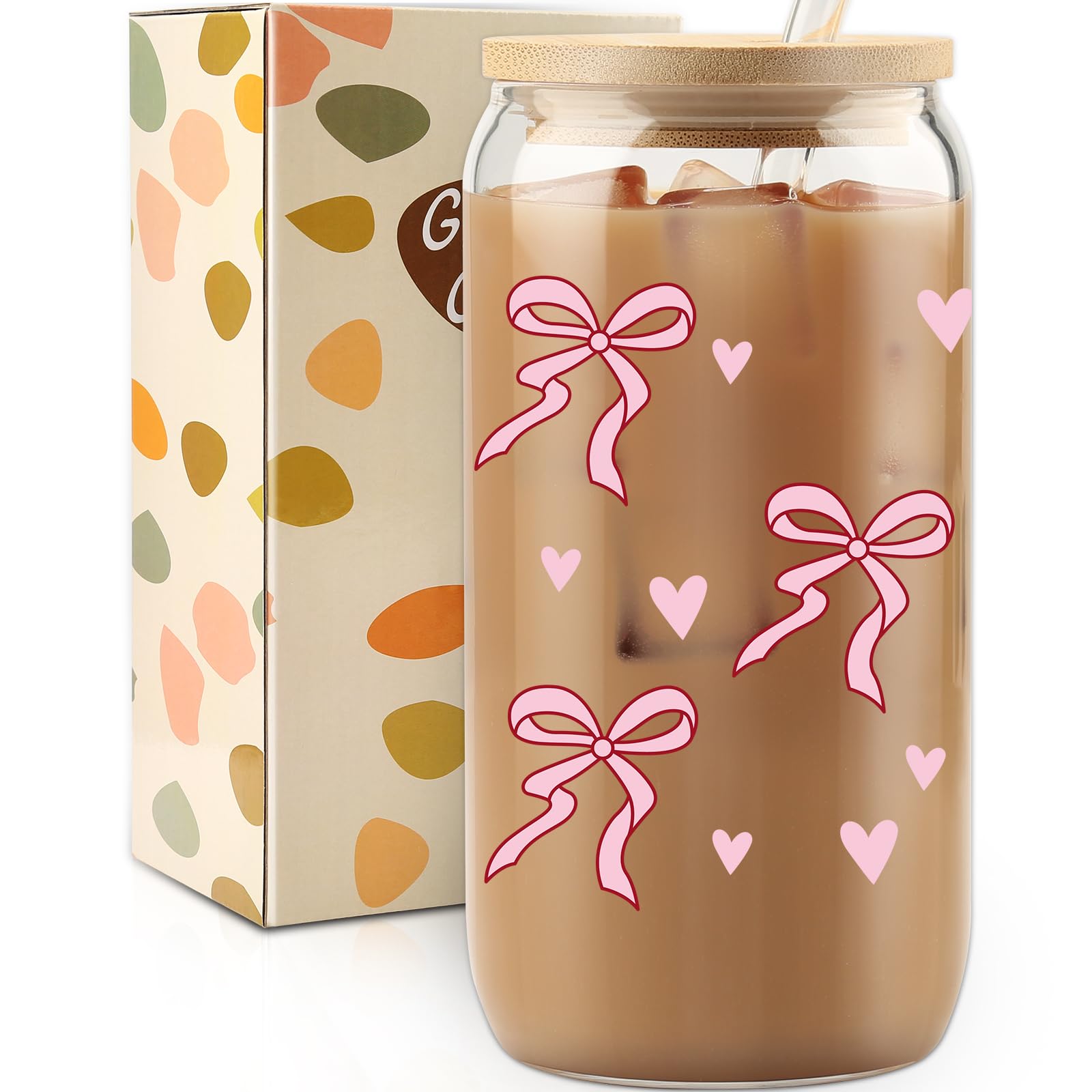 Cherry Bow Cup, Birthday Gifts for Women, Girly Gifts for Her, Sister, Mom, Colleague - 16 OZ Glass Tumbler with Straw & Lid, Coquette Iced Cup