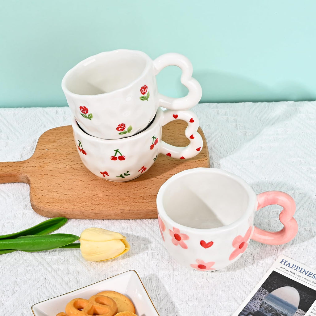 Ribbon Bow Ceramic Mug, Cute Creative Heart Handle Mug Design, 10.5 oz/300 ml