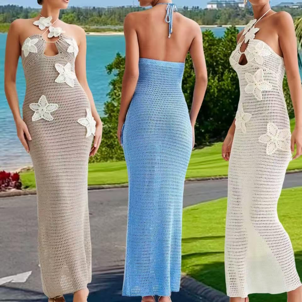 Women Halter Hollow Out Knitted Mini Dress Sexy Crochet 3D Flower Mini Dress