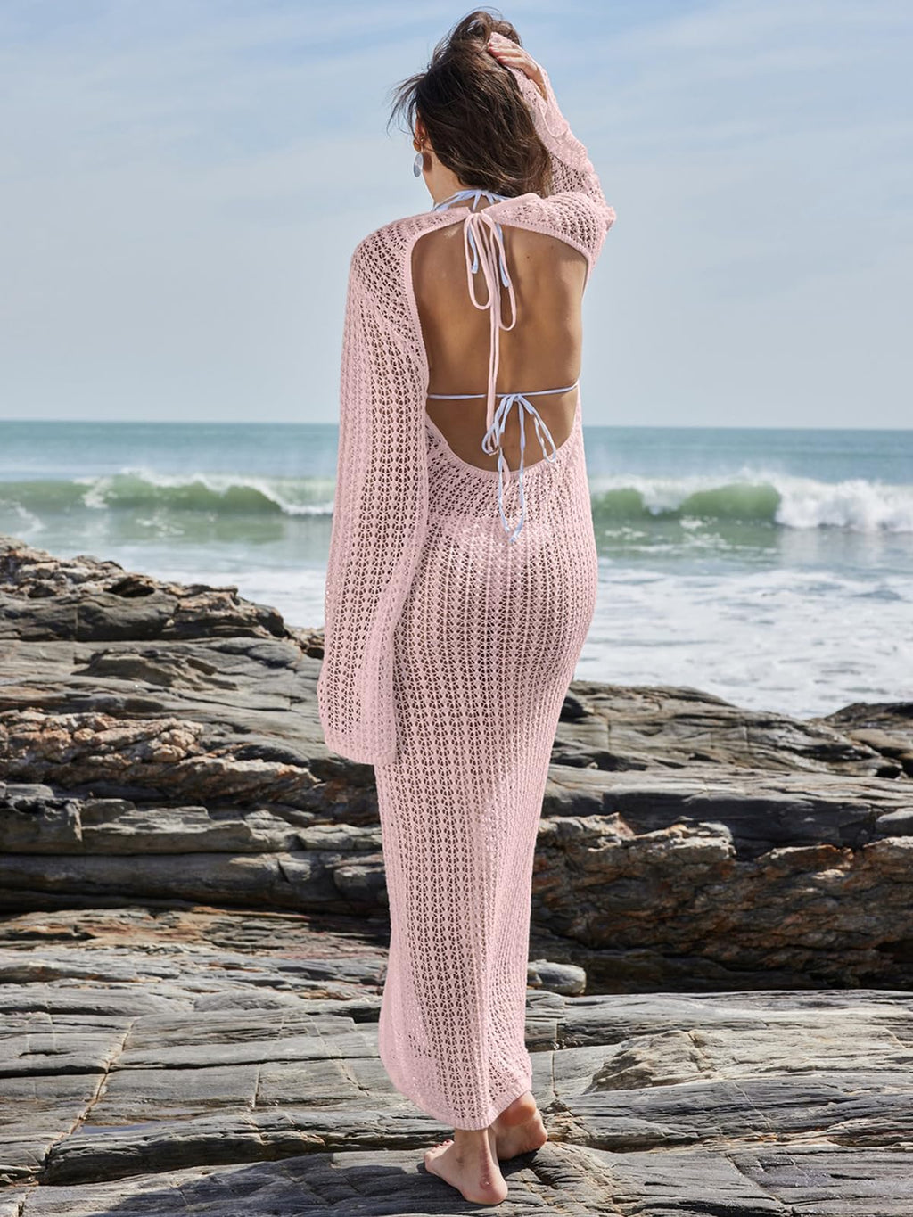 Women's Knitted Swimsuit Cover Up 3D Floral Hollow Out Open Back Tie-Up Maxi Dress Beachwear Coverup Dresses
