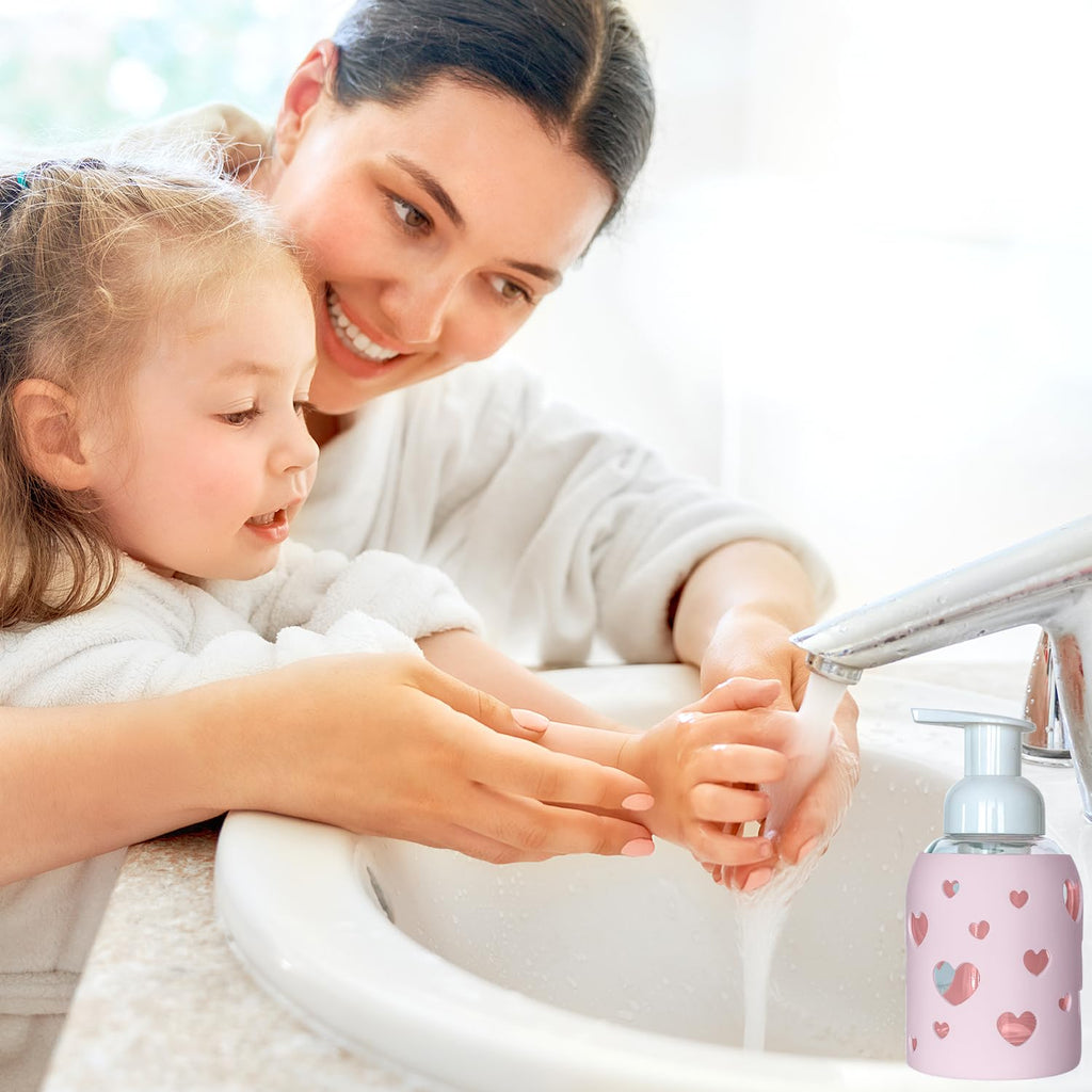 Foaming Glass Bottle Dispenser w/Heart Silicone Sleeve, 8oz