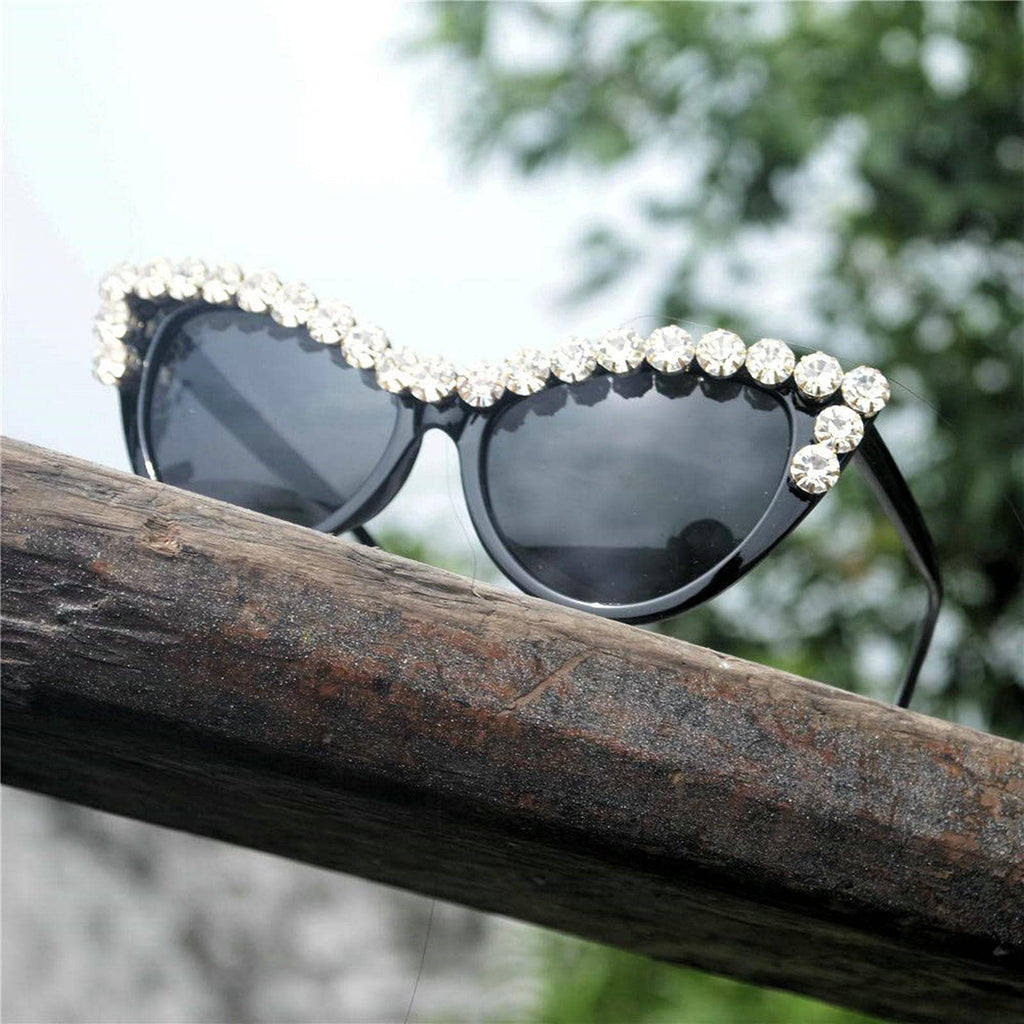 Coquette Bling Sunglasses Crystal Rhinestone Shades Retro Half Rim Women Cat Eyewear