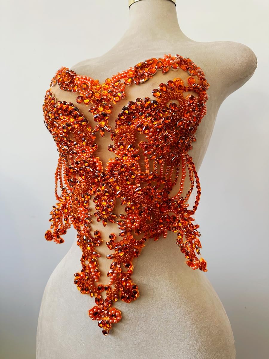 Handmade red/Blue/Gold/Green Rhinestones lace Bodice Applique Sewing Beads Crystal Trim Patches Accessory for Dress Clothes (Rose red)