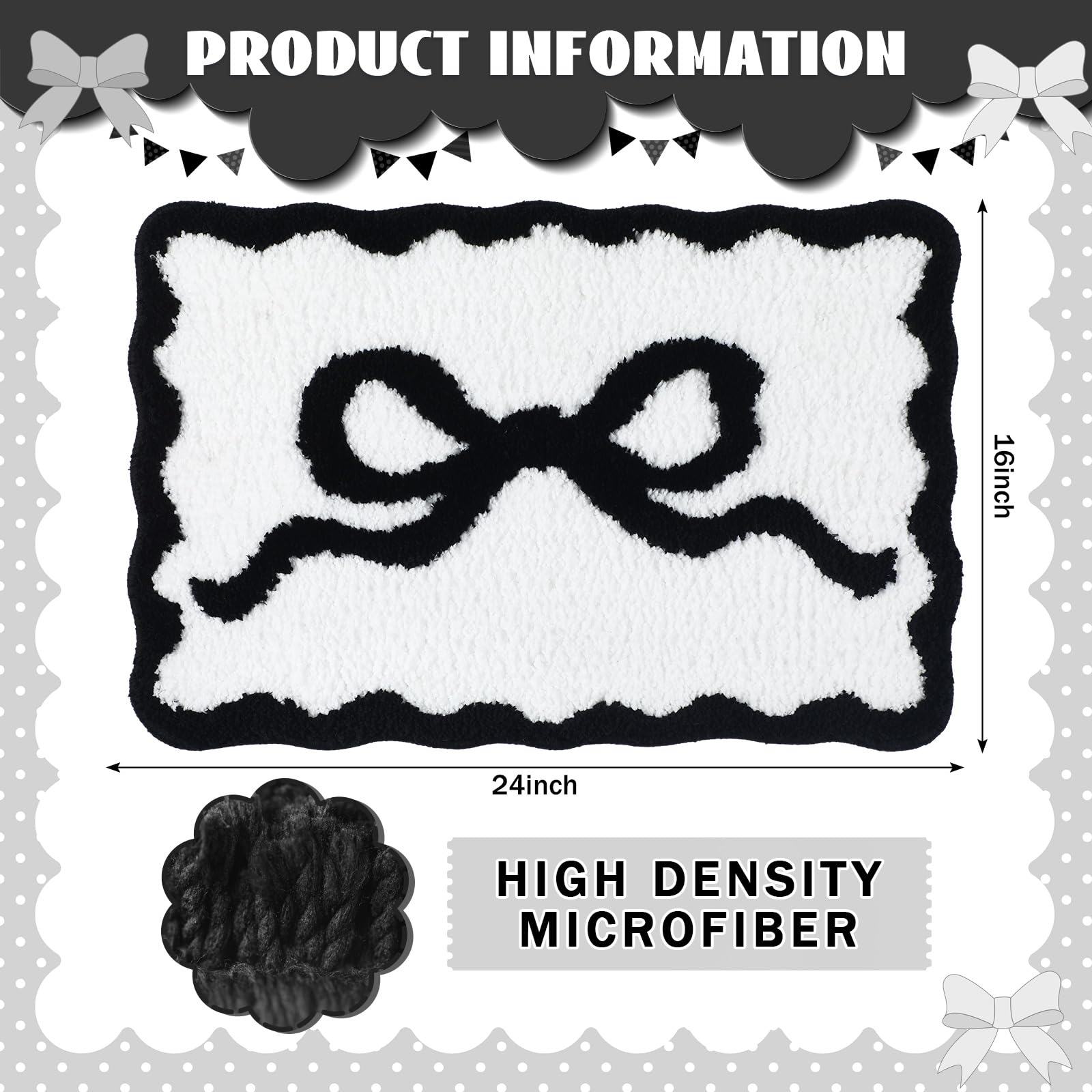 Scalloped Bow Bathroom Mat Non Slip Coquette Bow Rug Cute Aesthetic Scallop Carpet Preppy Room Decor Microfiber Absorbent Bath Rug for Bathroom Bathtub Shower Bedroom(Black,16" X 24")