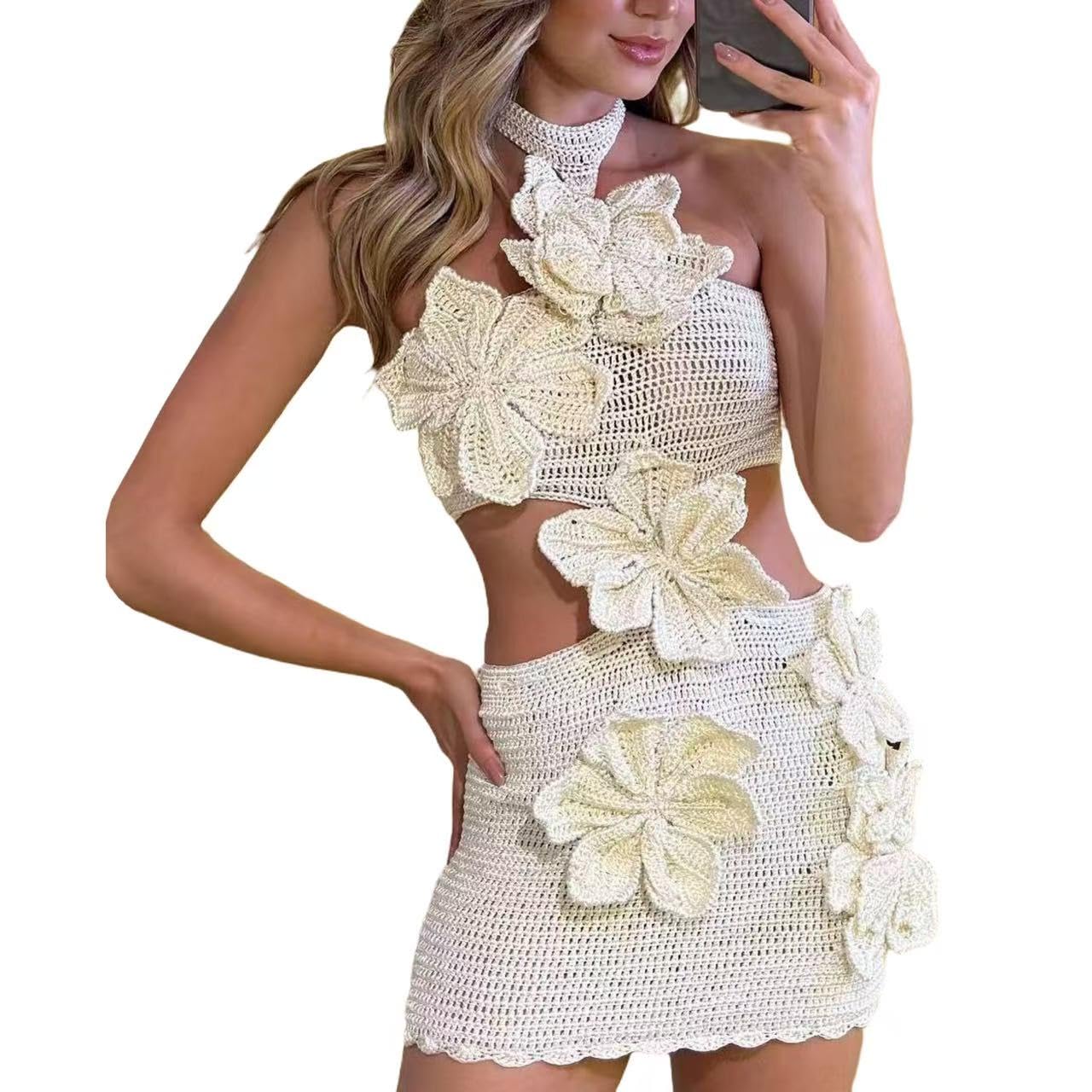 Women Halter Hollow Out Knitted Mini Dress Sexy Crochet 3D Flower Mini Dress