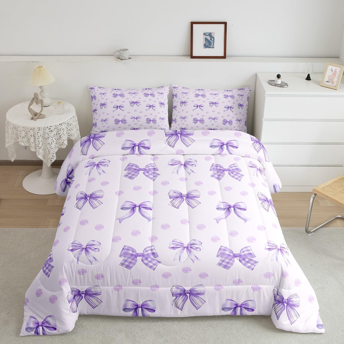 Floral Bowknot Comforter Set,Pink Bow Tie Print Bedding Set Cute Bow Flower Comforter Princess Style Bed Set for All Season