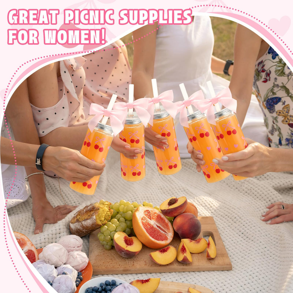 Pink Bow Plastic Bottle with Straw Lid and Twist Bow Disposable Coquette Cherry Bow Bottles Cute Inspired Retro Reusable Bottles 12 Pcs