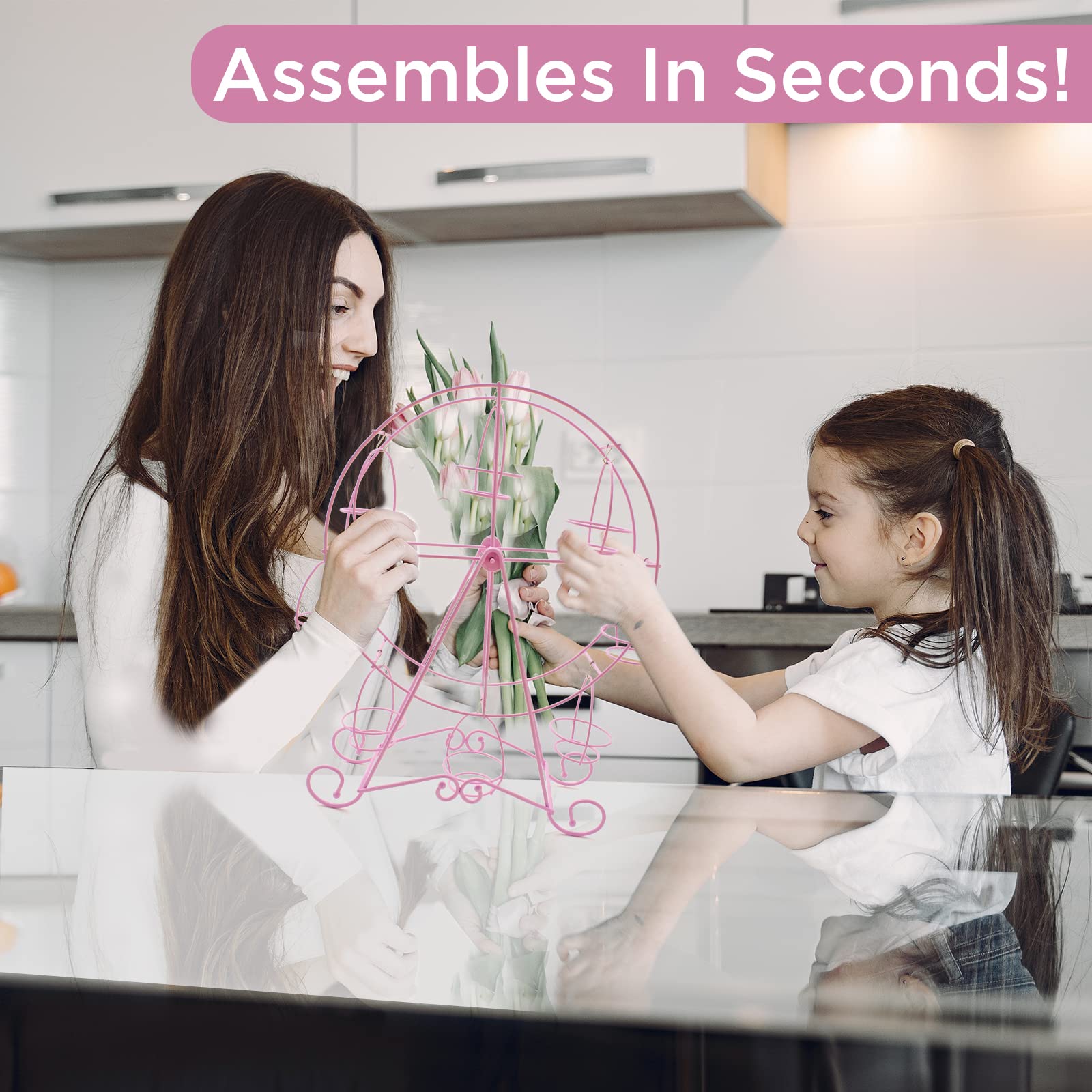 Ferris Wheel Cupcake Stand - Decorative Cupcake Holder for Parties - Spinning Display for Serving Pastry, Treats & Desserts - Easy-to-Clean, Fits 8 Medium Cupcakes - 14x4x17