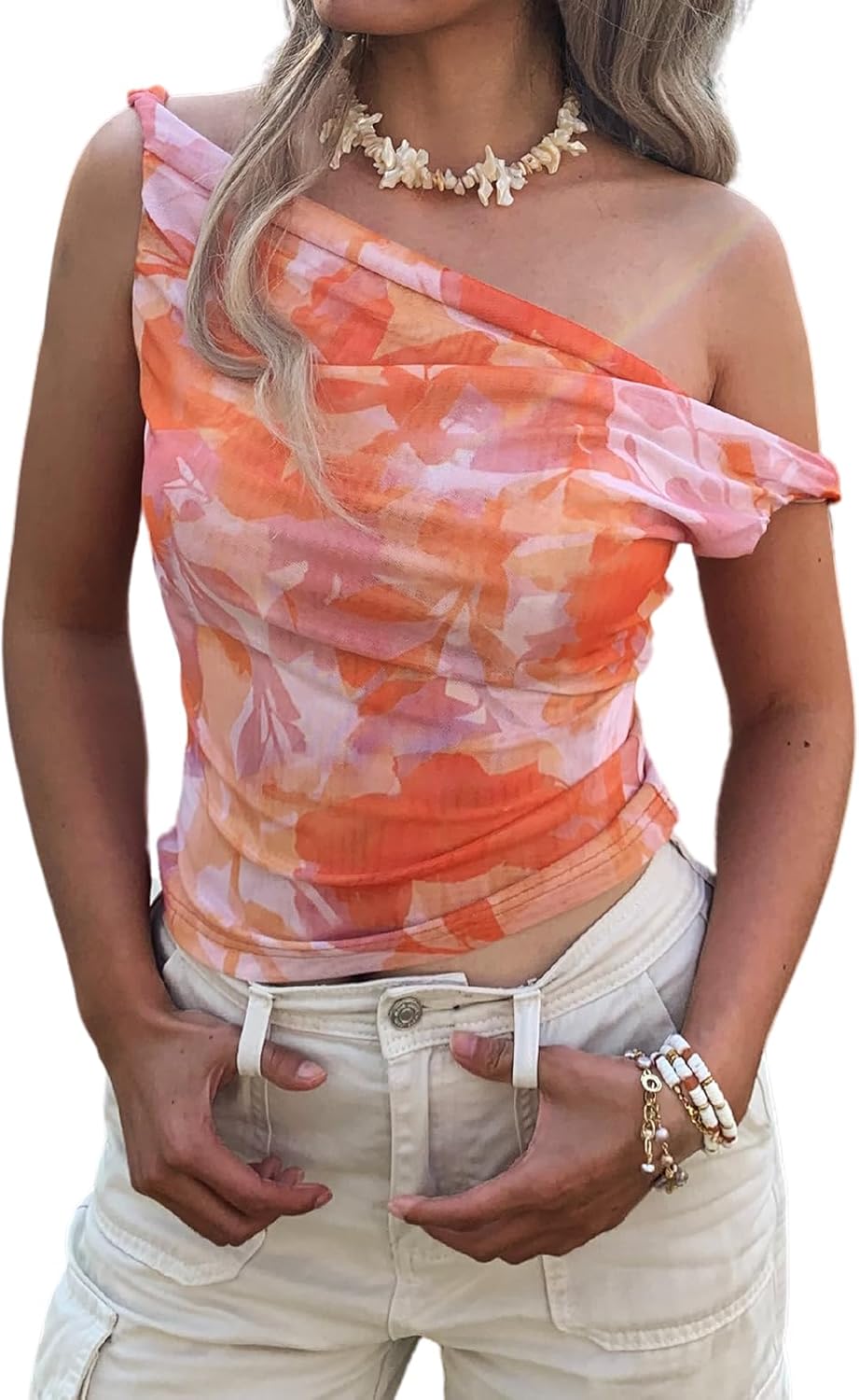 Women's Off The Shoulder Top Sleeveless Twist Strap Slim Fit Tie-Dyed Stretchy Tank Top Y2K Casual T Shirts