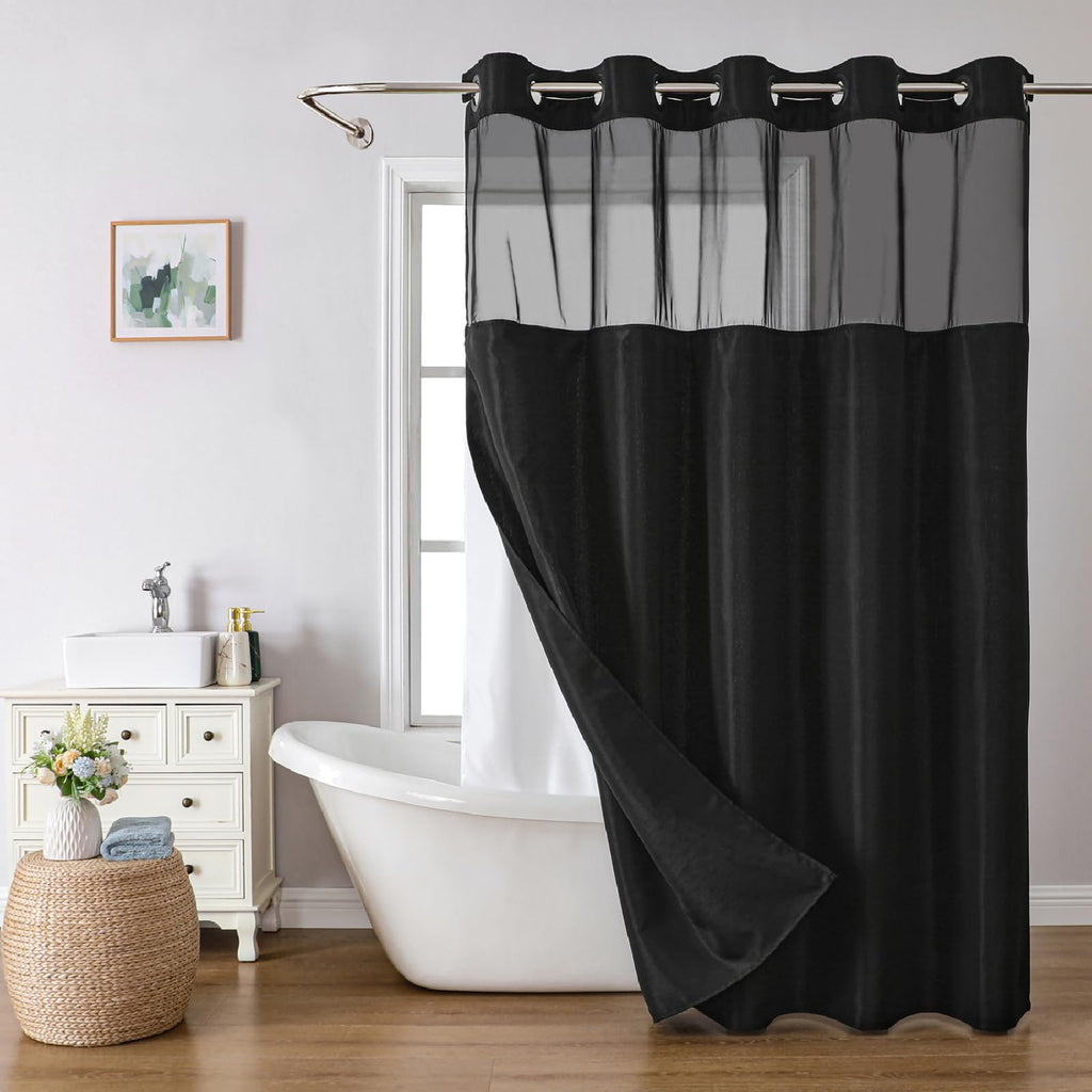 No Hooks Needed Linen Textured Shower Curtain with Snap-in Fabric Liner Set, Luxury Decor Shower Curtains for Bathroom with Mesh Top Window, Waterproof & Washable